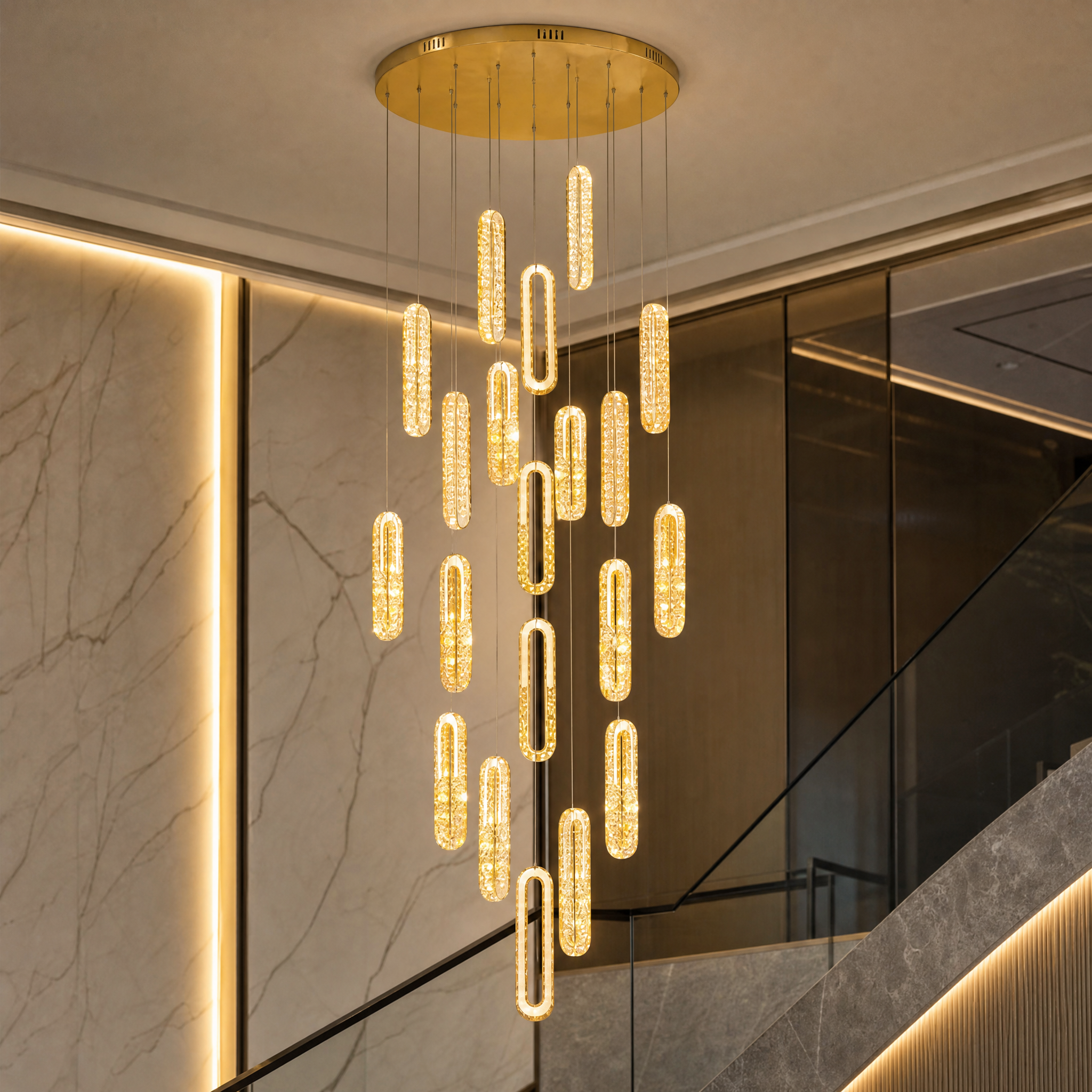 Close-up shot of the VORELLI Manzoni chandelier showing the premium stainless steel finish and diamond cut square crystals.
