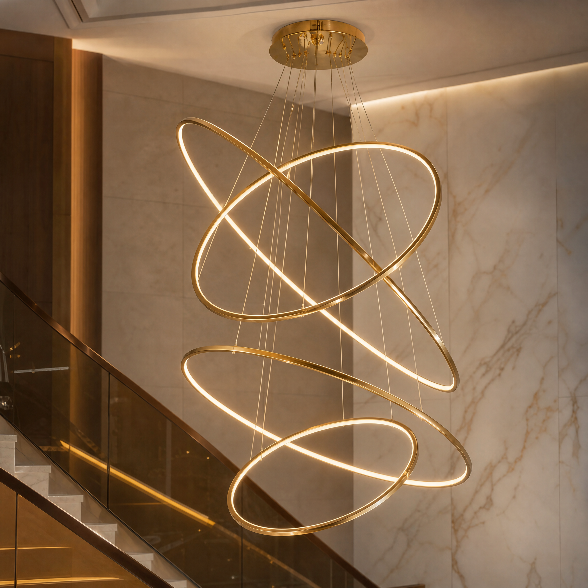 Close-up detail of the premium energy-efficient LED rings on the VORELLI Marcello luxury chandelier, highlighting its sleek finish.