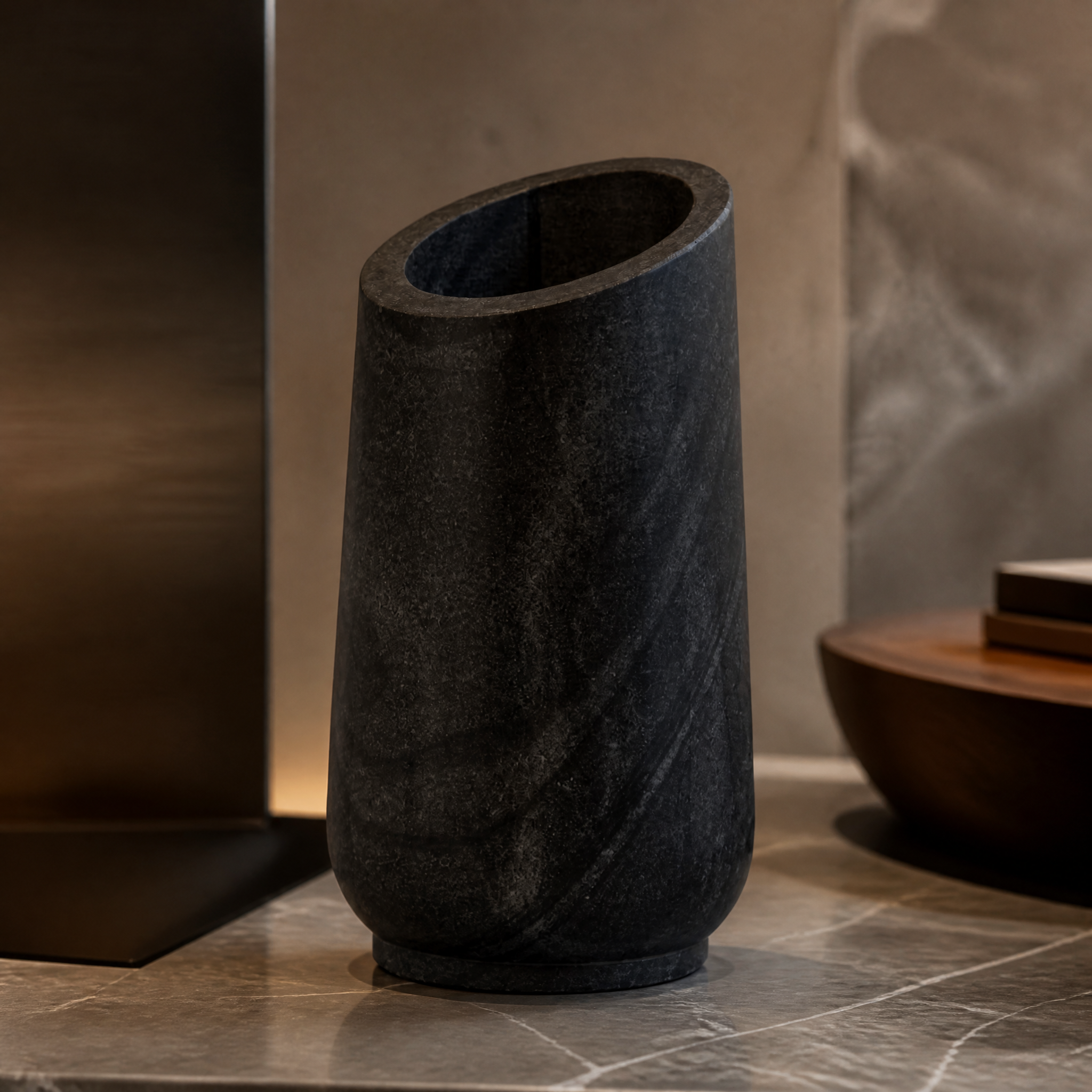Macro closeup of the VORELLI Marello vase highlighting the smooth polished texture and natural white veining of the premium black marble.