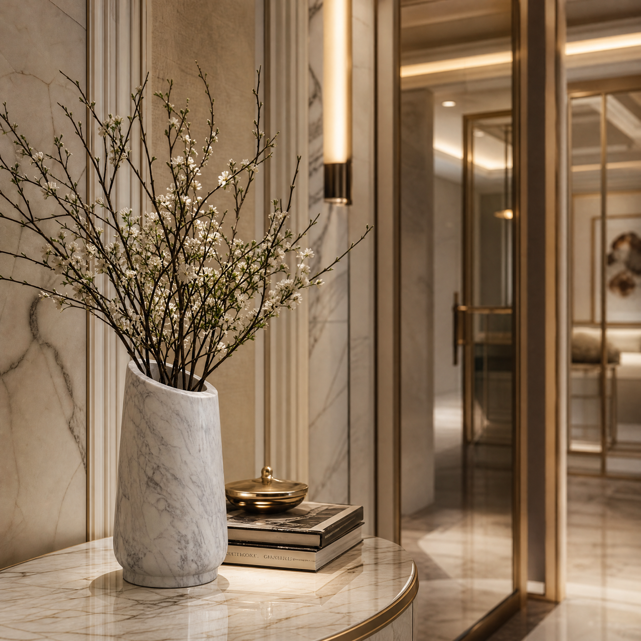 Luxury hospitality lobby featuring the sleek Marello marble vase decor on a minimalist reception counter.