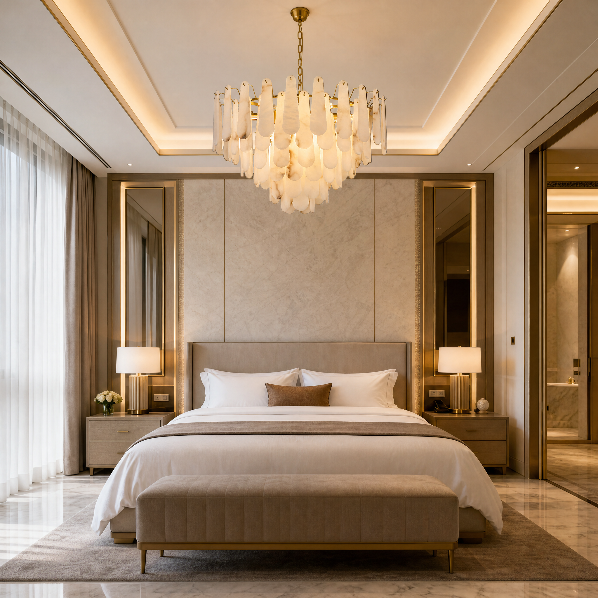 The fluid elegance of the VORELLI Maretto marble circular chandelier tiering down beautifully in a grand hospitality lobby space.