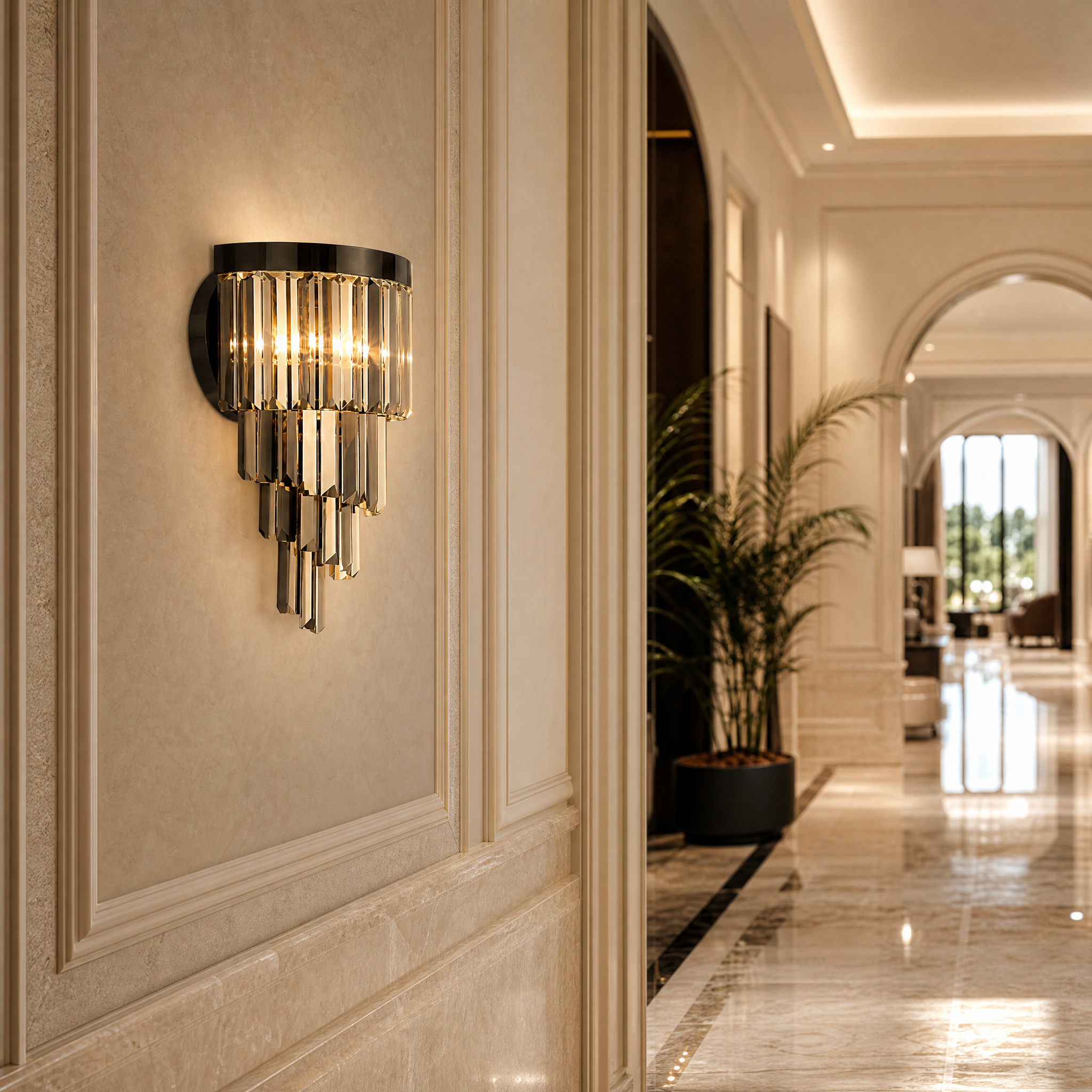 Elegant VORELLI Margoux crystal wall sconces illuminating a boutique hotel lobby corridor with sophisticated, diffused ambiance.