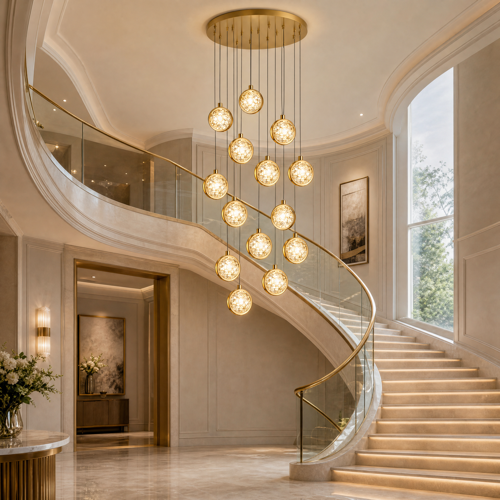 VORELLI Marlow pendant staircase chandelier illuminating a luxury residential multi-story staircase with a contemporary warm glow.