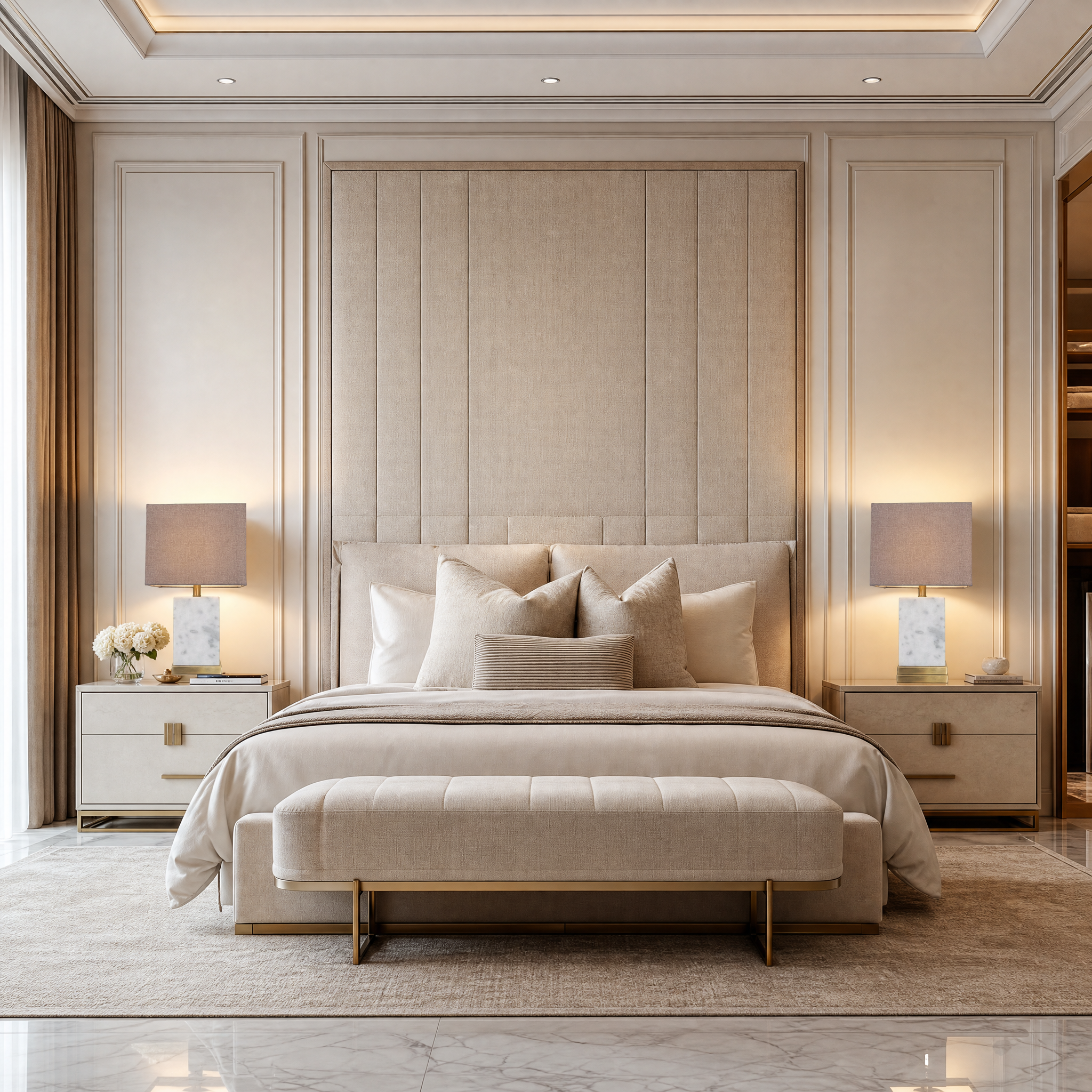 A elegant Marvella marble table lamp placed on a wooden side table in a bright, modern living room interior.