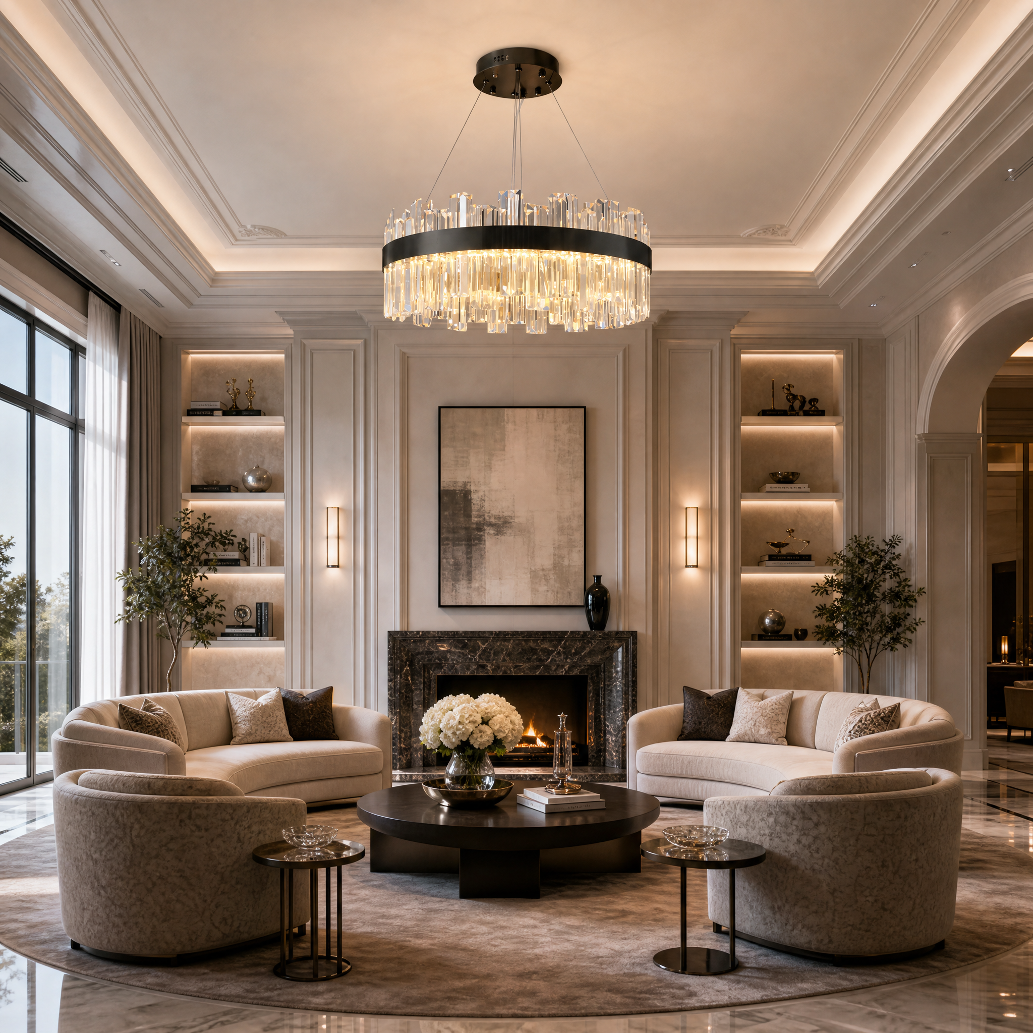 The VORELLI Medina Circular Chandelier illuminating a contemporary residential living room, casting a warm glow through its dual-protruding crystal bars.