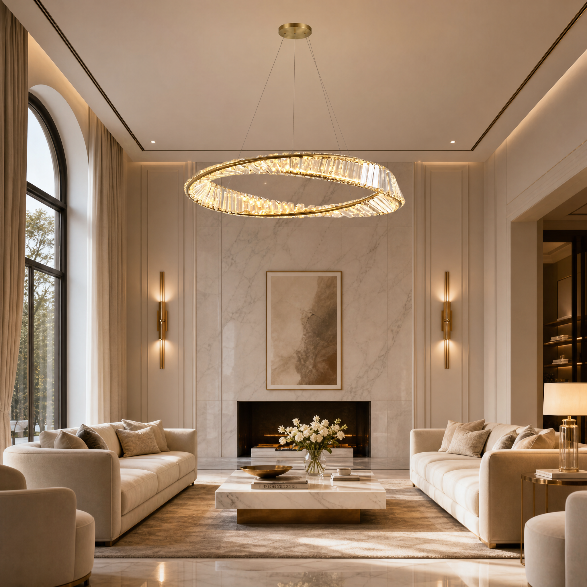 Elegant Melia circular crystal chandelier illuminating a modern luxury living room