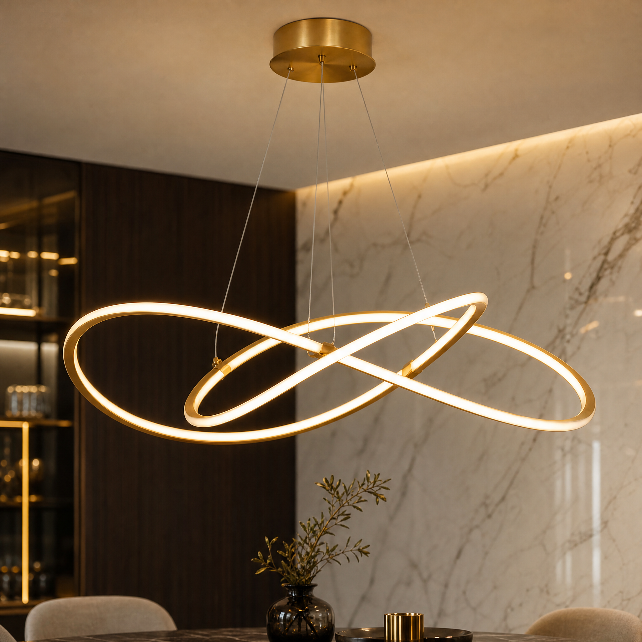 A detailed closeup showcasing the unique curvy silhouette and energy-efficient integrated LED elements of the VORELLI Milano circular chandelier.