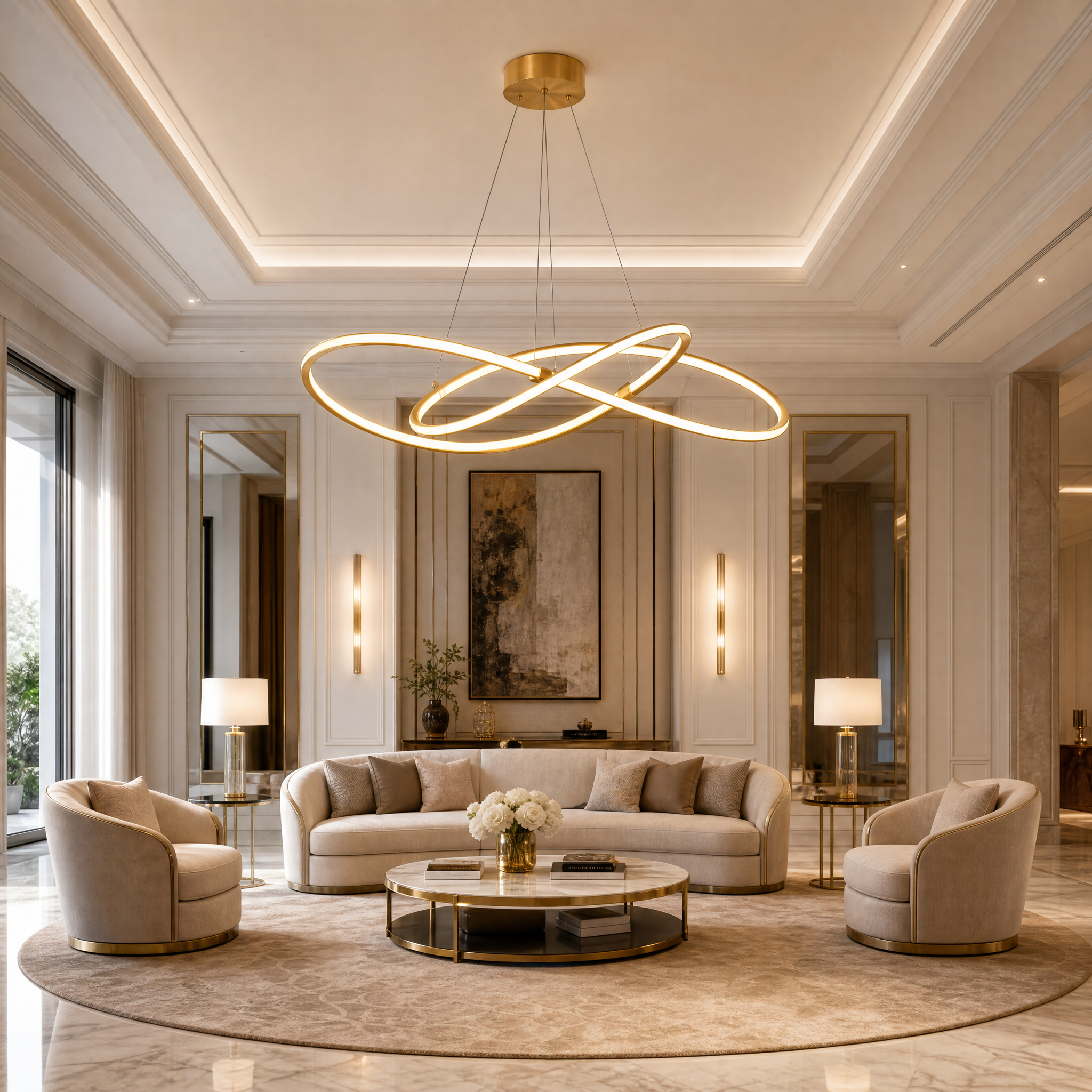 VORELLI Milano circular LED chandelier illuminating a luxurious, modern residential living room with a warm, upscale ambiance.