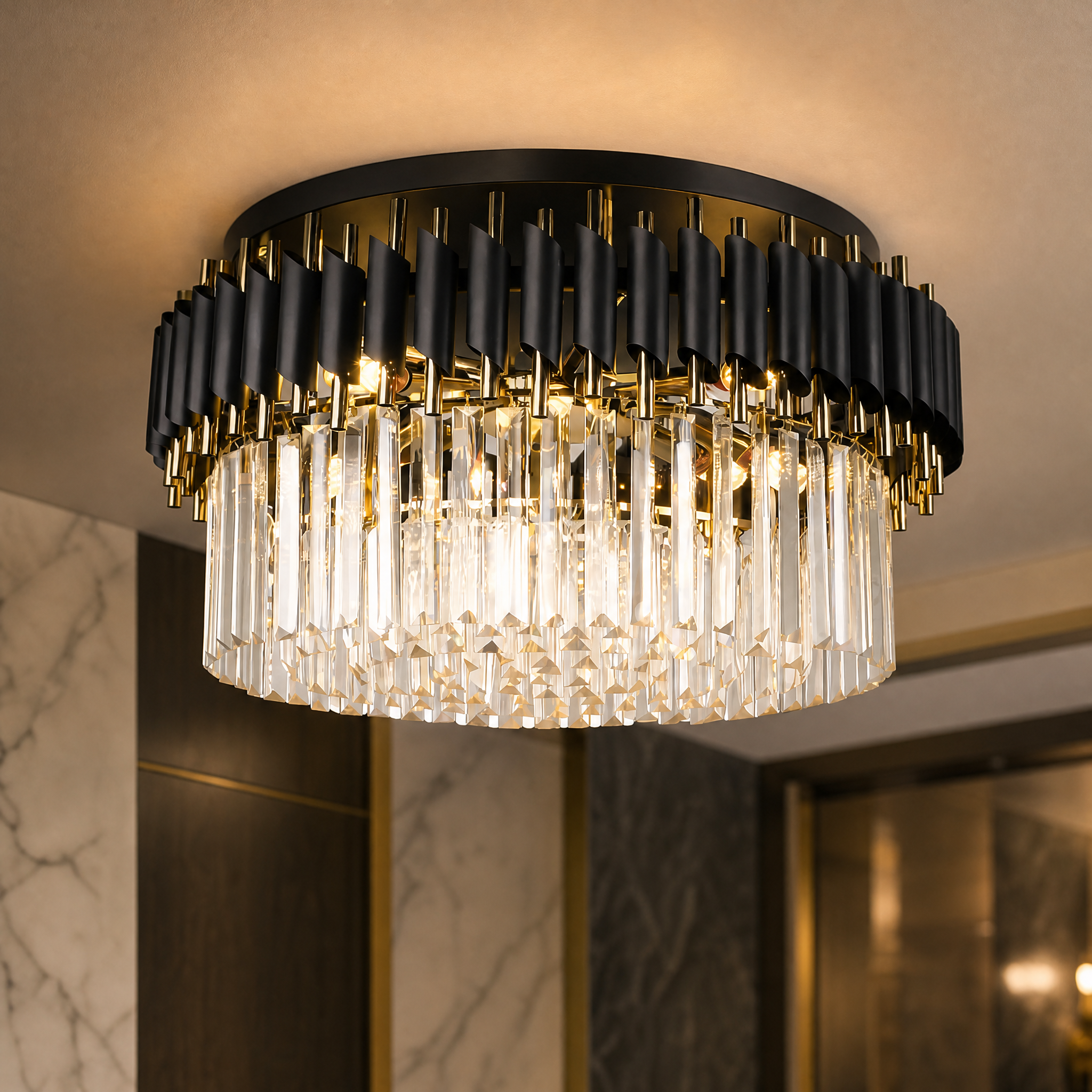 Macro closeup of the VORELLI Milltimber ceiling light highlighting the exquisite crystal bars and sleek cylinder tubing.