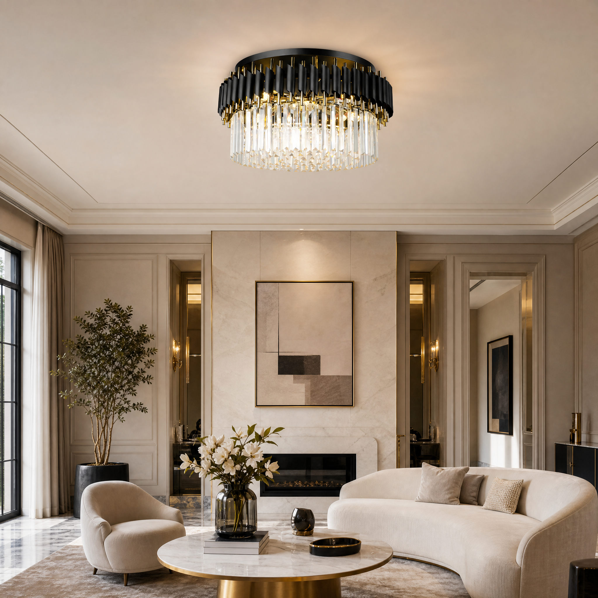VORELLI Milltimber ceiling light adding refined elegance to a contemporary residential living room with modern decor.