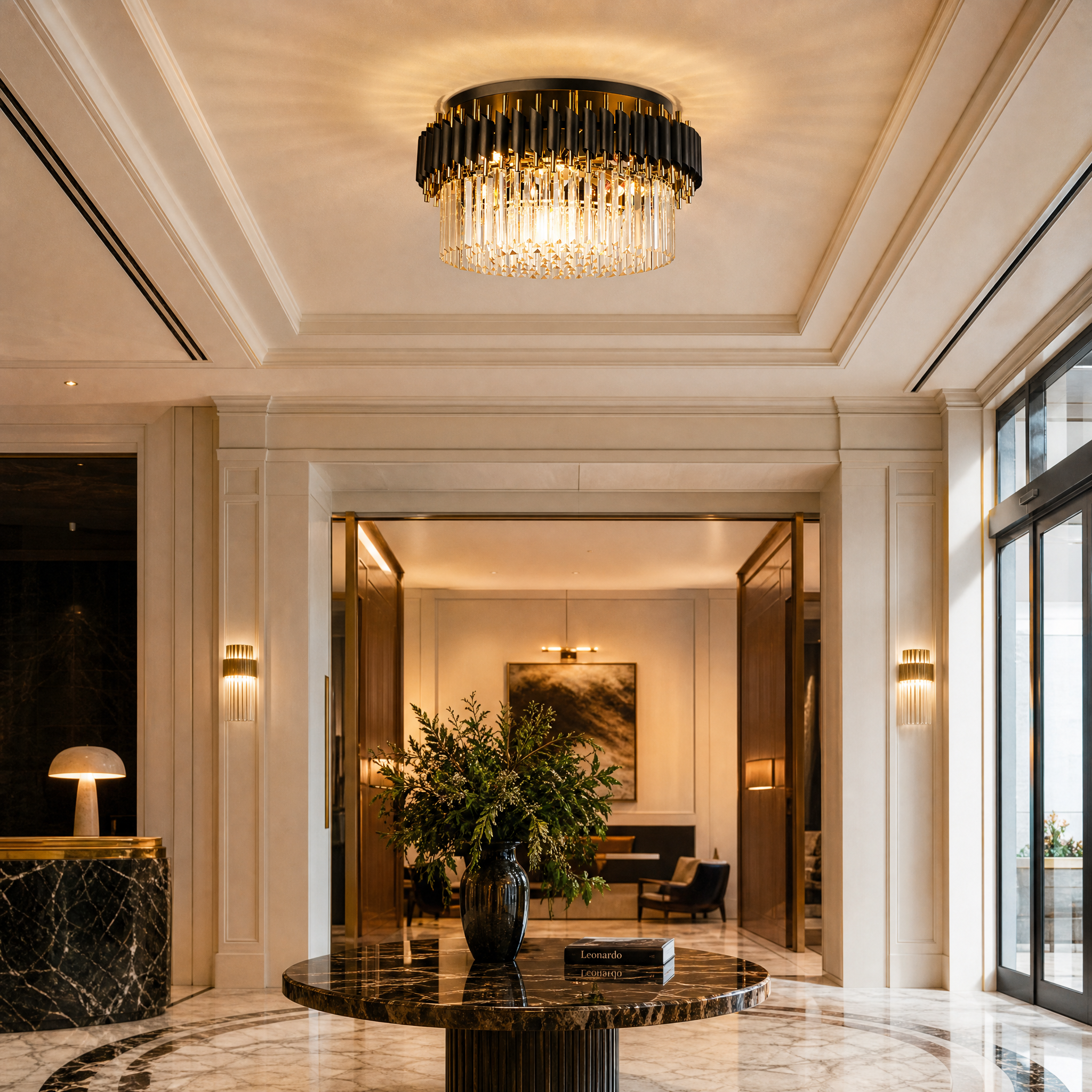 The sophisticated Milltimber ceiling light illuminating a boutique hotel lobby, blending sleek cylinder tubing with a timeless ambiance.