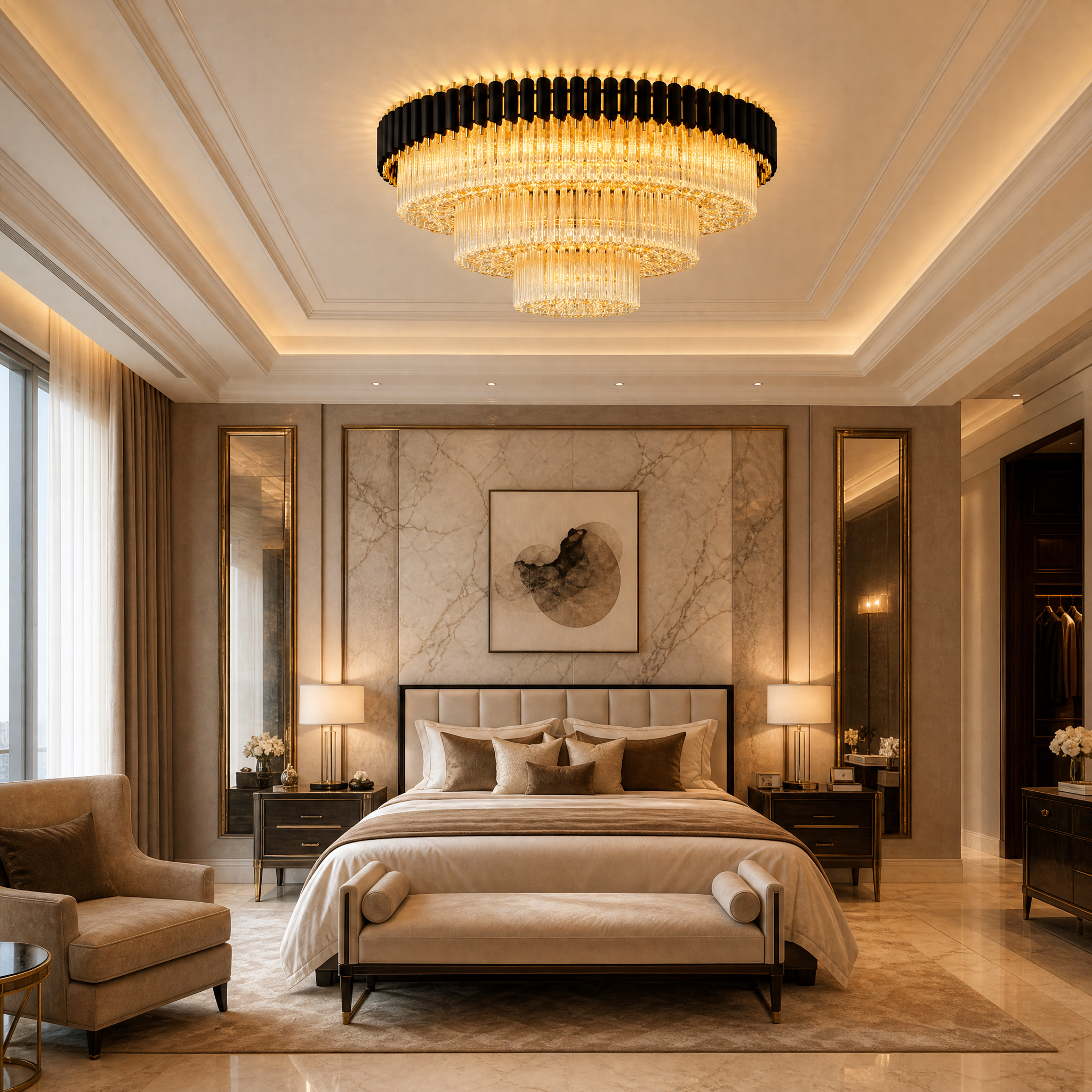 Grand cascading diamond-cut crystal chandelier centerpiece in a high-end hotel lobby