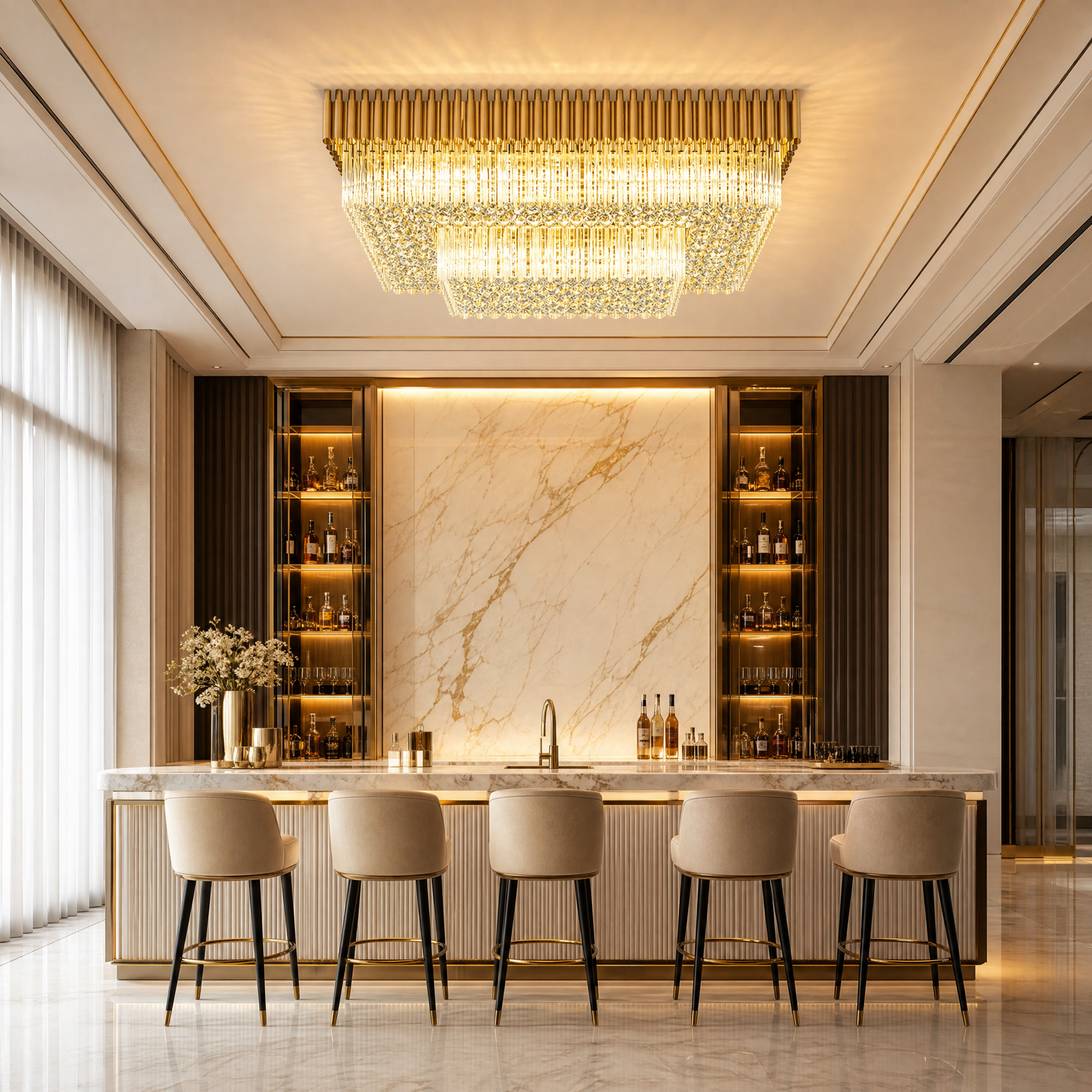 Grand VORELLI Milltimber rectangular crystal light fixture enhancing a sophisticated hotel lobby interior.
