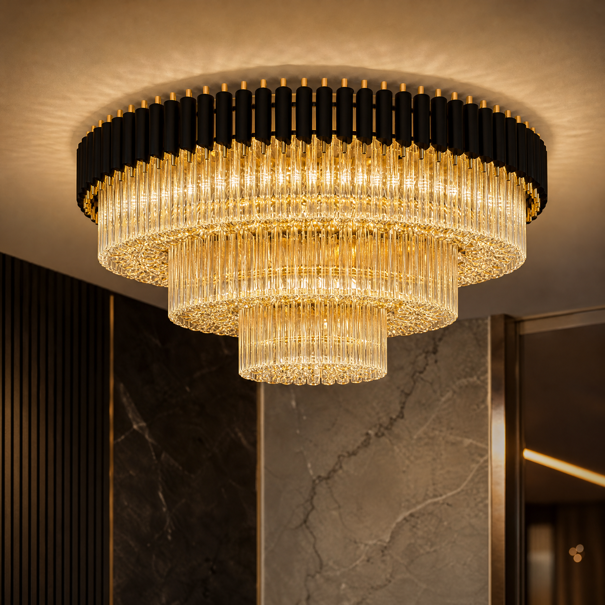 Detailed closeup of the diamond-cut crystal tiers on the Milltimber Grandeur circular ceiling light