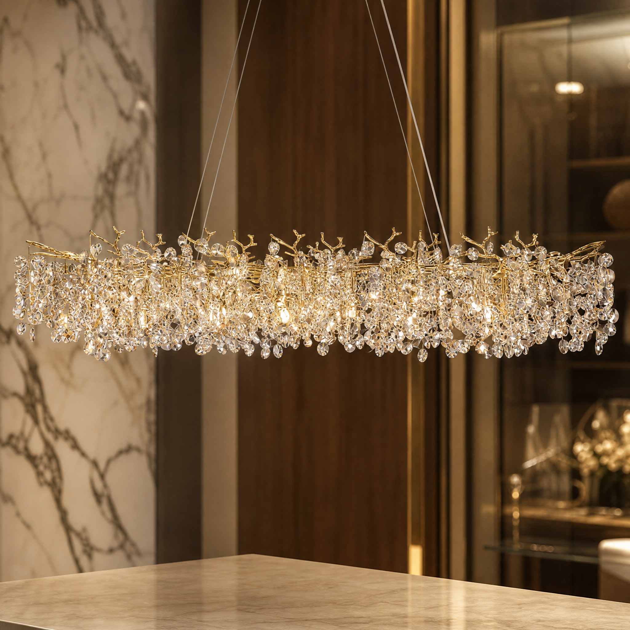 Close-up of the delicate gold branch design and faceted champagne-tone crystals of the Mimosa chandelier.