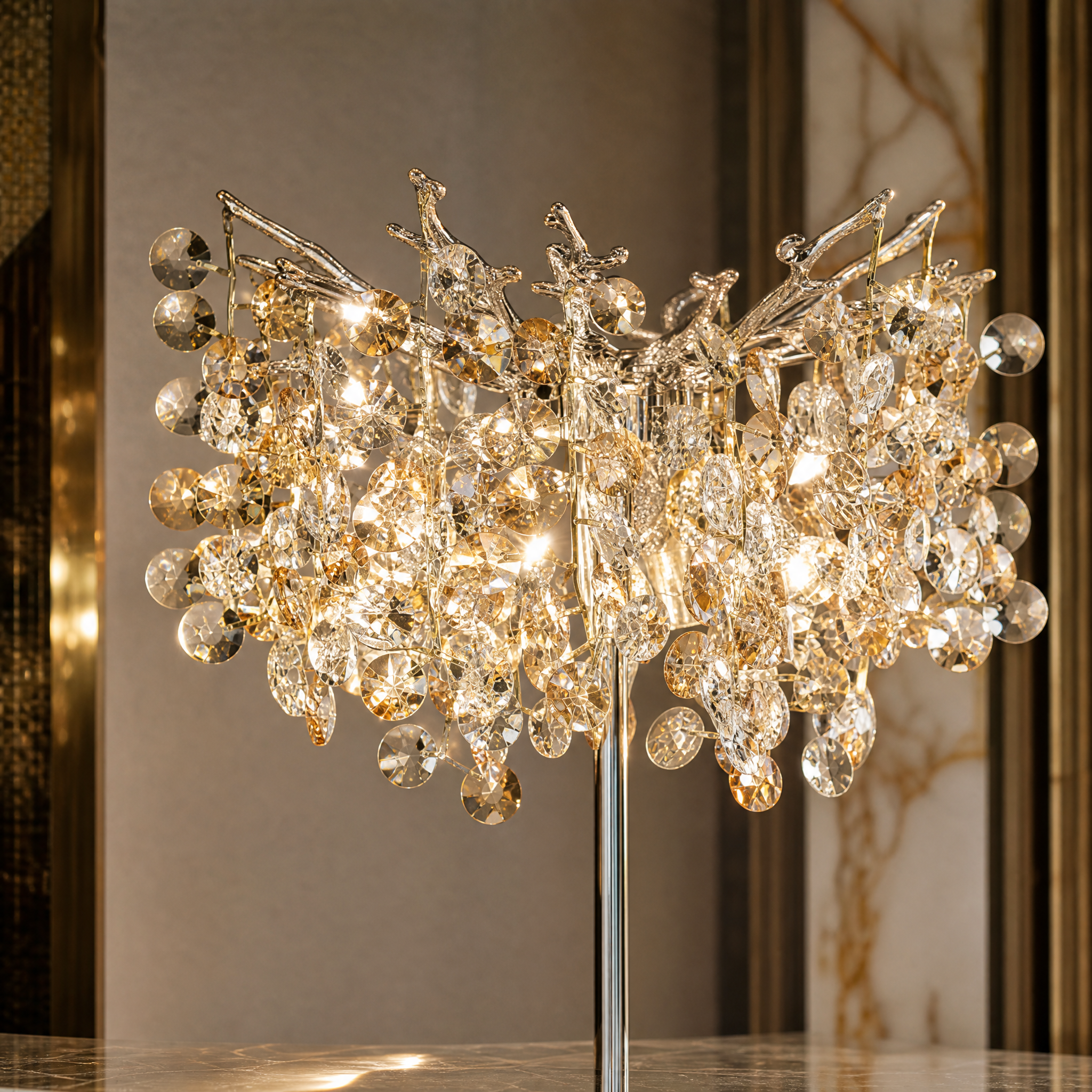 Close-up shot of shimmering crystal droplets suspended from the branch-like metallic structure of the VORELLI Mimosa table lamp.