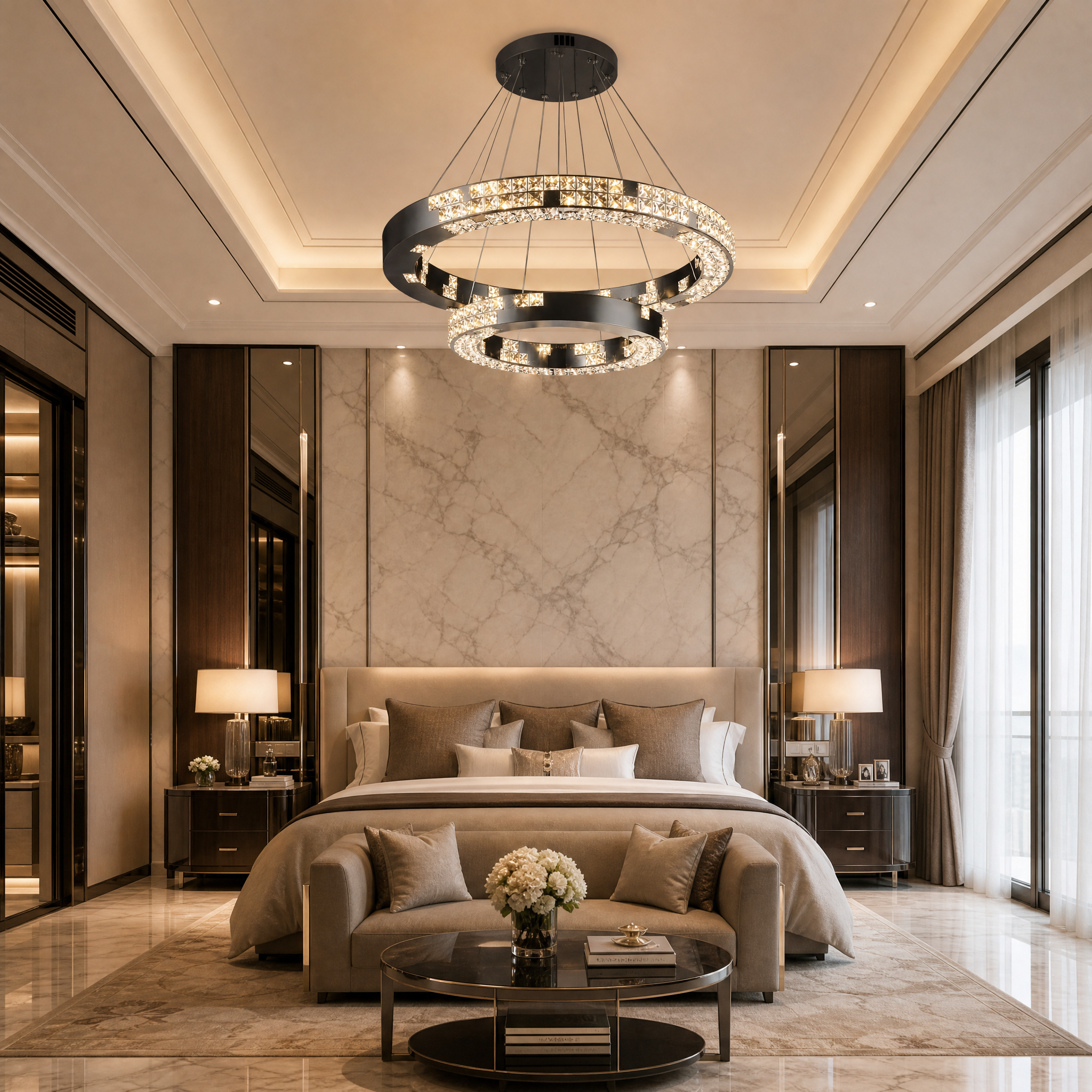 A grand hospitality interior featuring the modern VORELLI Minato two-tier circular crystal chandelier hanging as a captivating focal point.