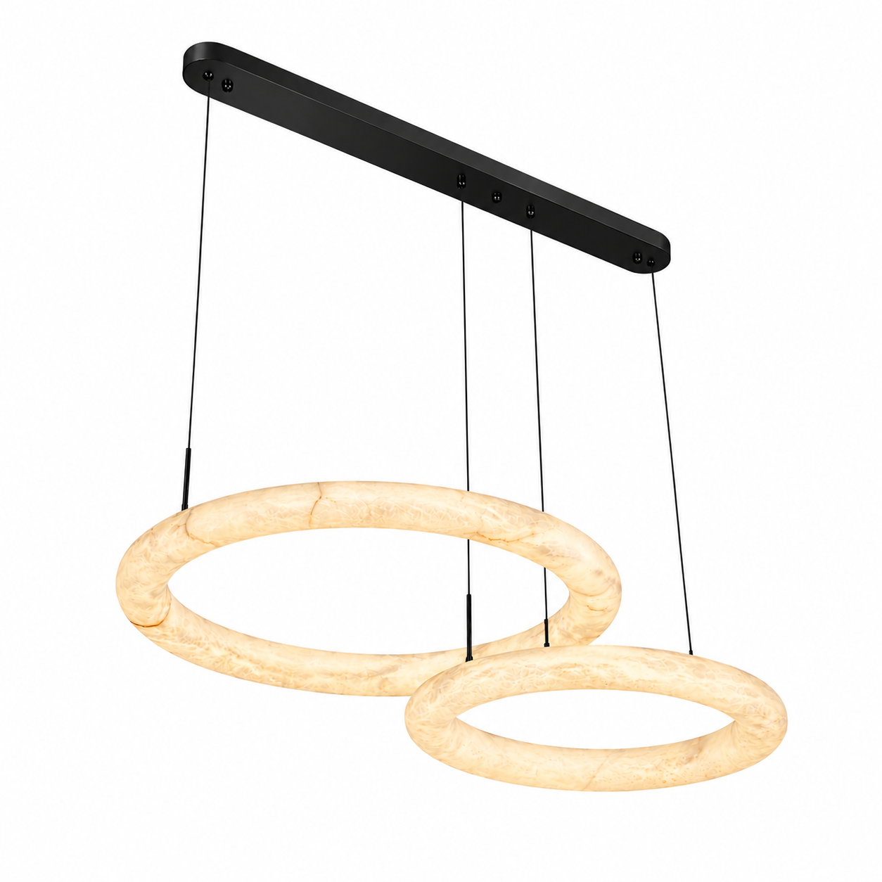 Minimalist luxury aesthetic emphasizing the premium marble material and clean geometric lines of the Cavani Double Ring Chandelier.