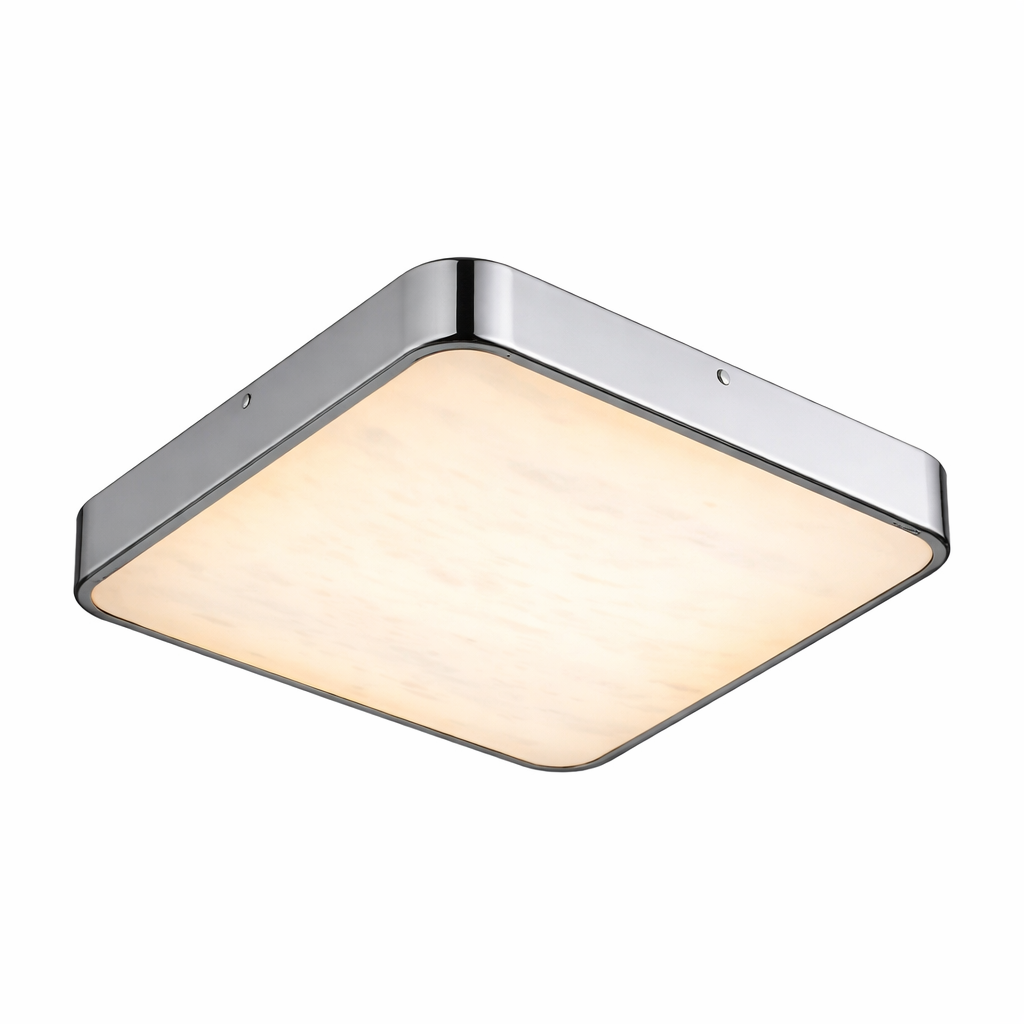 Minimalist square marble ceiling lamp illuminating a cozy bedroom corner
