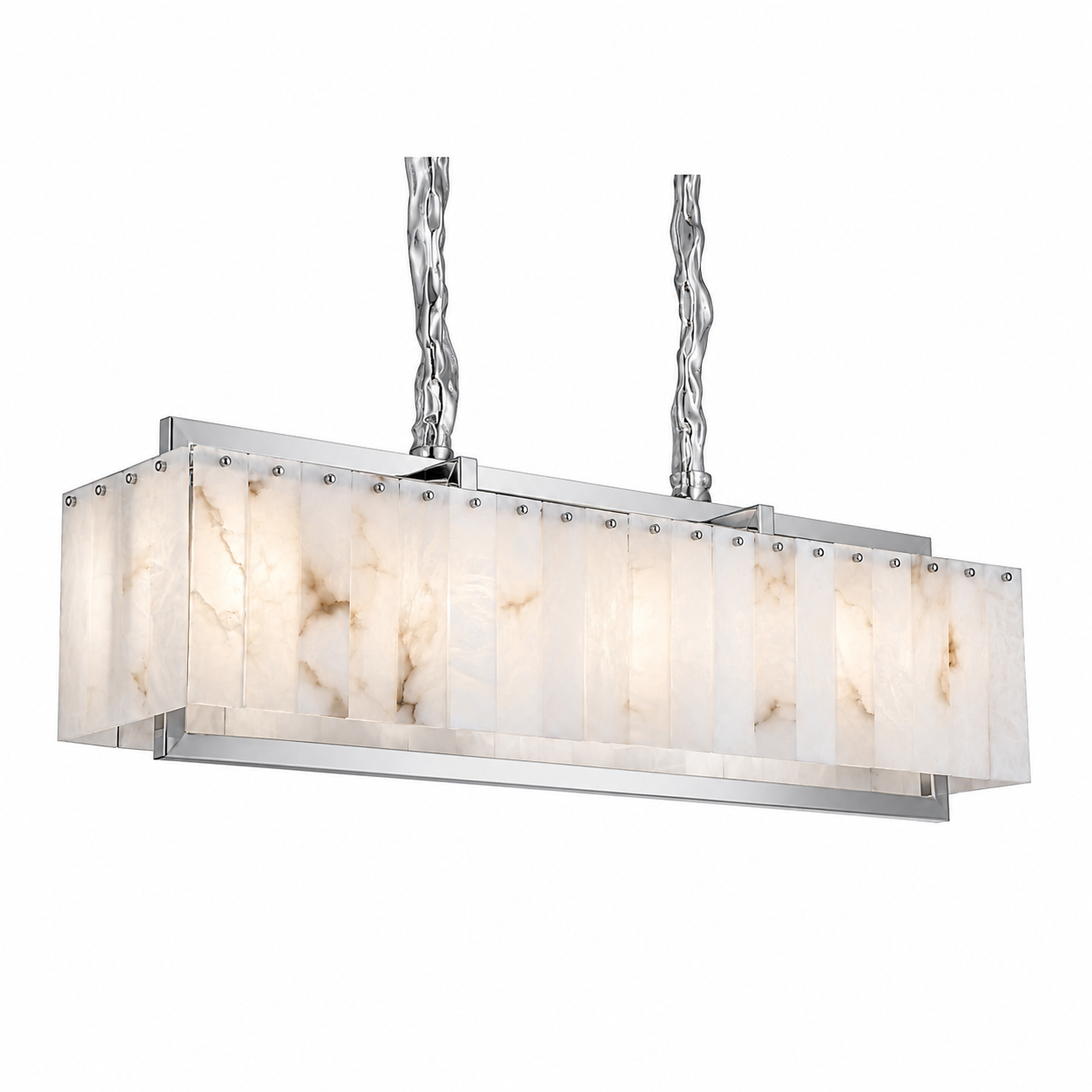Minimalist yet luxurious presentation of the VORELLI Classico Rectangular Chandelier, highlighting its geometric symmetry and premium marble craftsmanship.