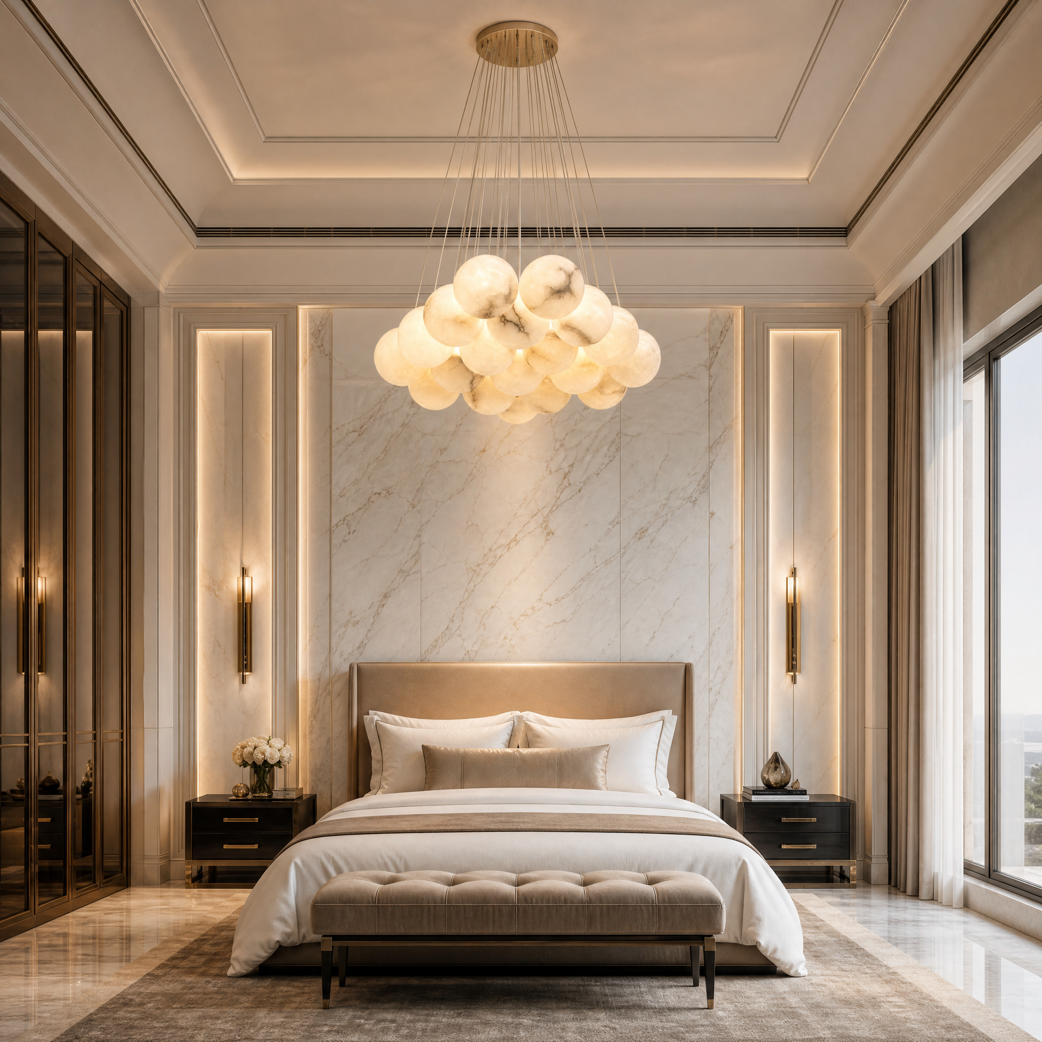 Grand Vorelli Valcino Alabaster Chandelier installed in a sophisticated hotel foyer