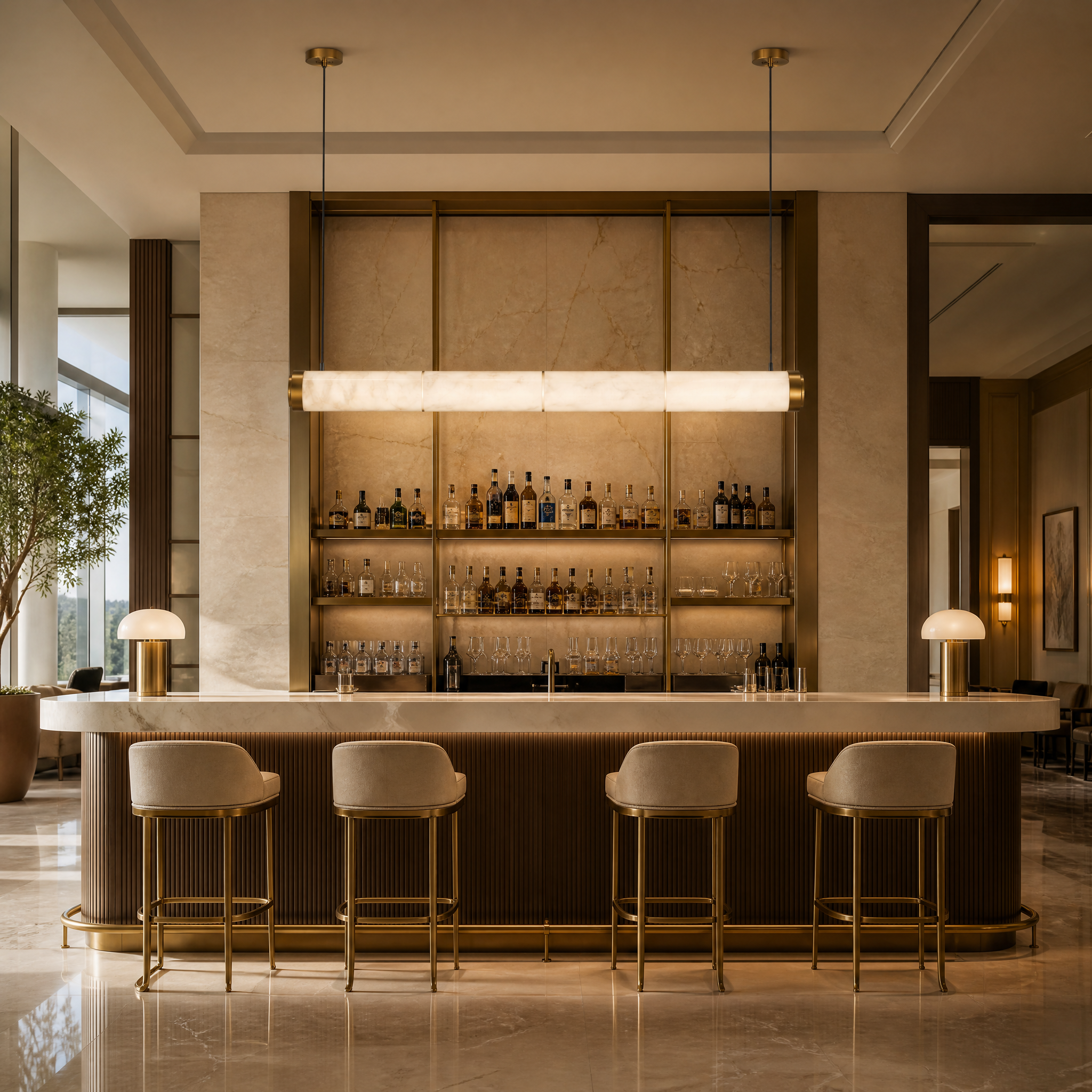 The contemporary Atlas marble chandelier installed in a luxury hotel lobby, highlighting the sleek stone texture and sophisticated architectural design.