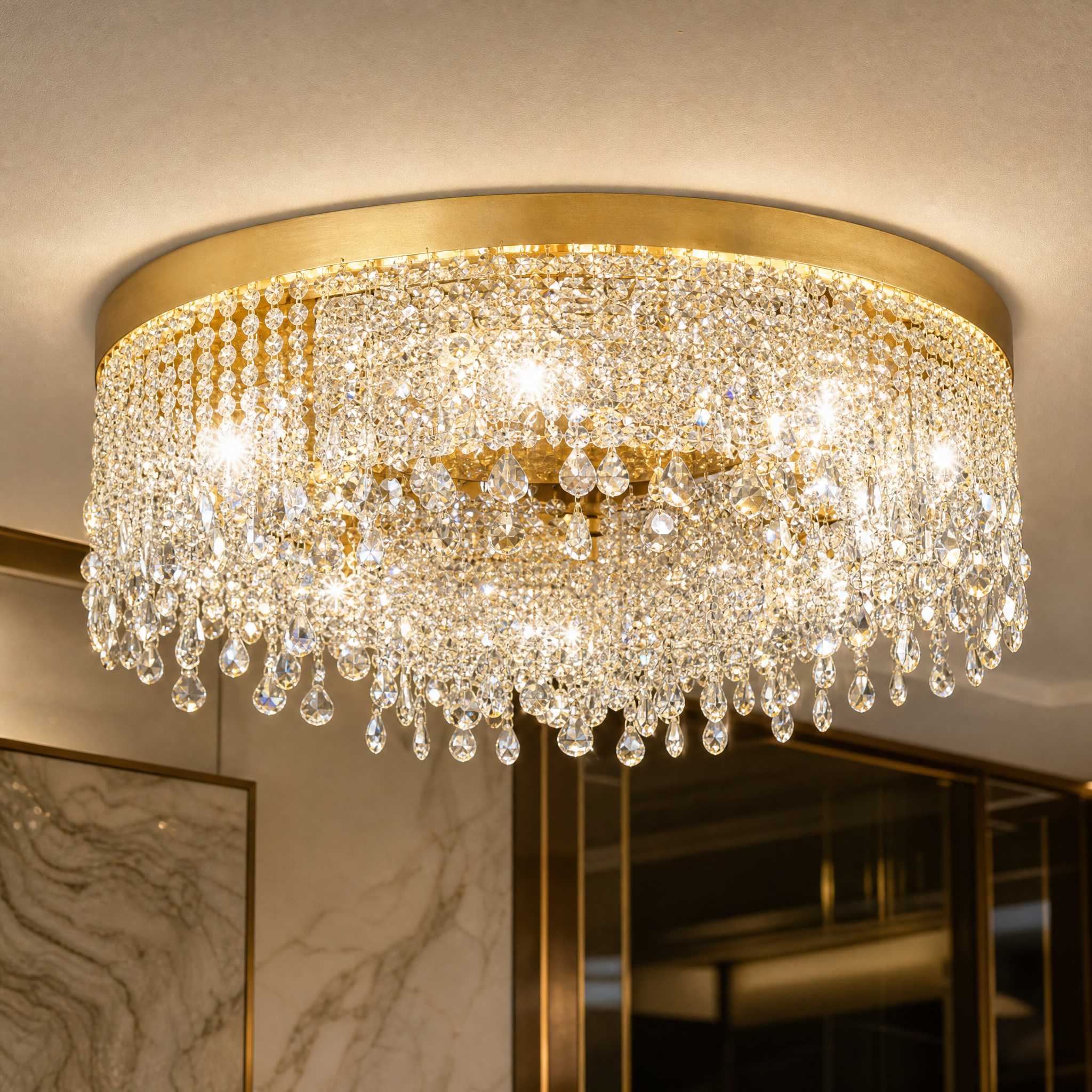 Macro close-up details of the cascading diamond-cut octagon crystal chains on the Modesto light fixture.