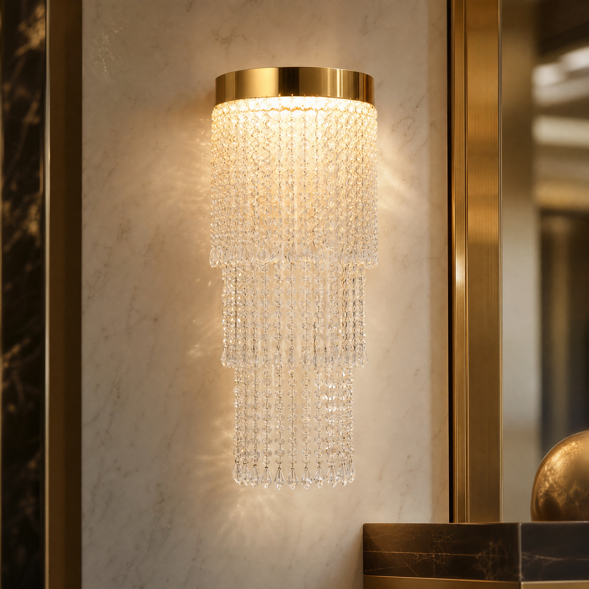 Macro photograph showcasing the exquisite diamond vector crystal details of the Modesto Wall Light.