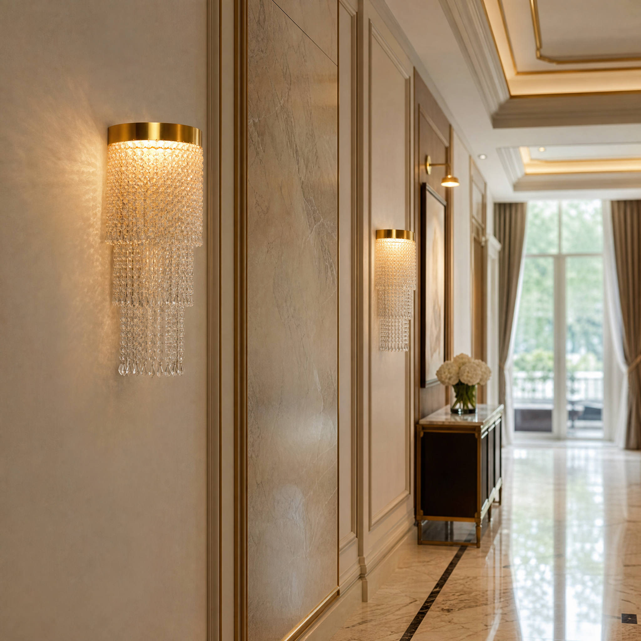 Grand hospitality lobby featuring multiple Modesto diamond-cut octagon crystal wall sconces for upscale ambiance.
