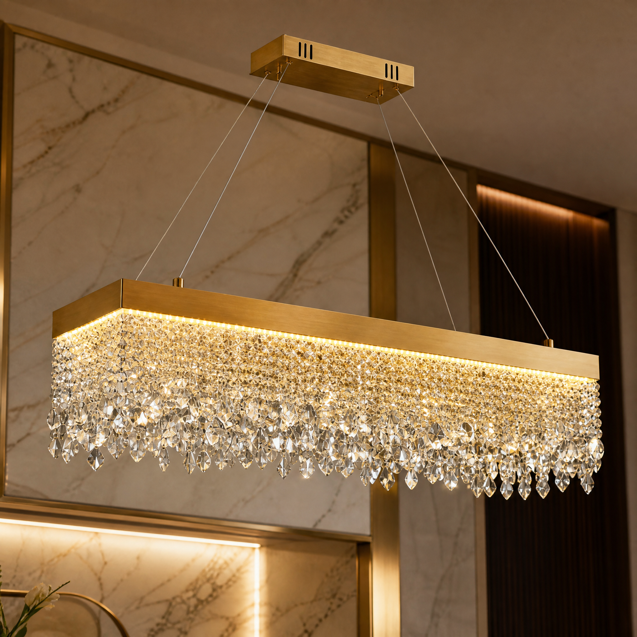 Close-up detail of the premium diamond-cut crystal chains on the VORELLI Modesto contemporary rectangular chandelier.