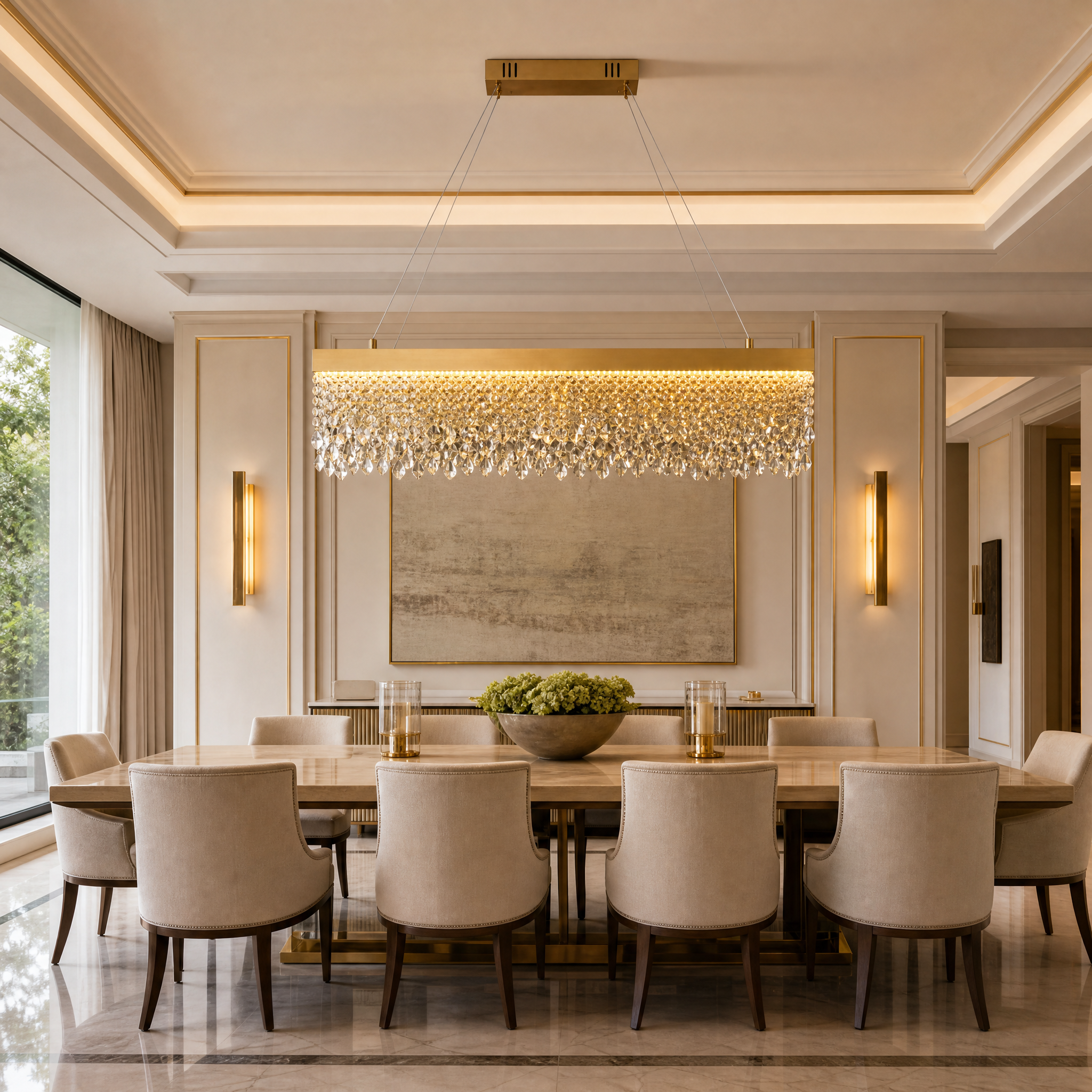 VORELLI Modesto rectangular crystal chandelier illuminating a luxury residential dining room with an elegant, contemporary ambiance.