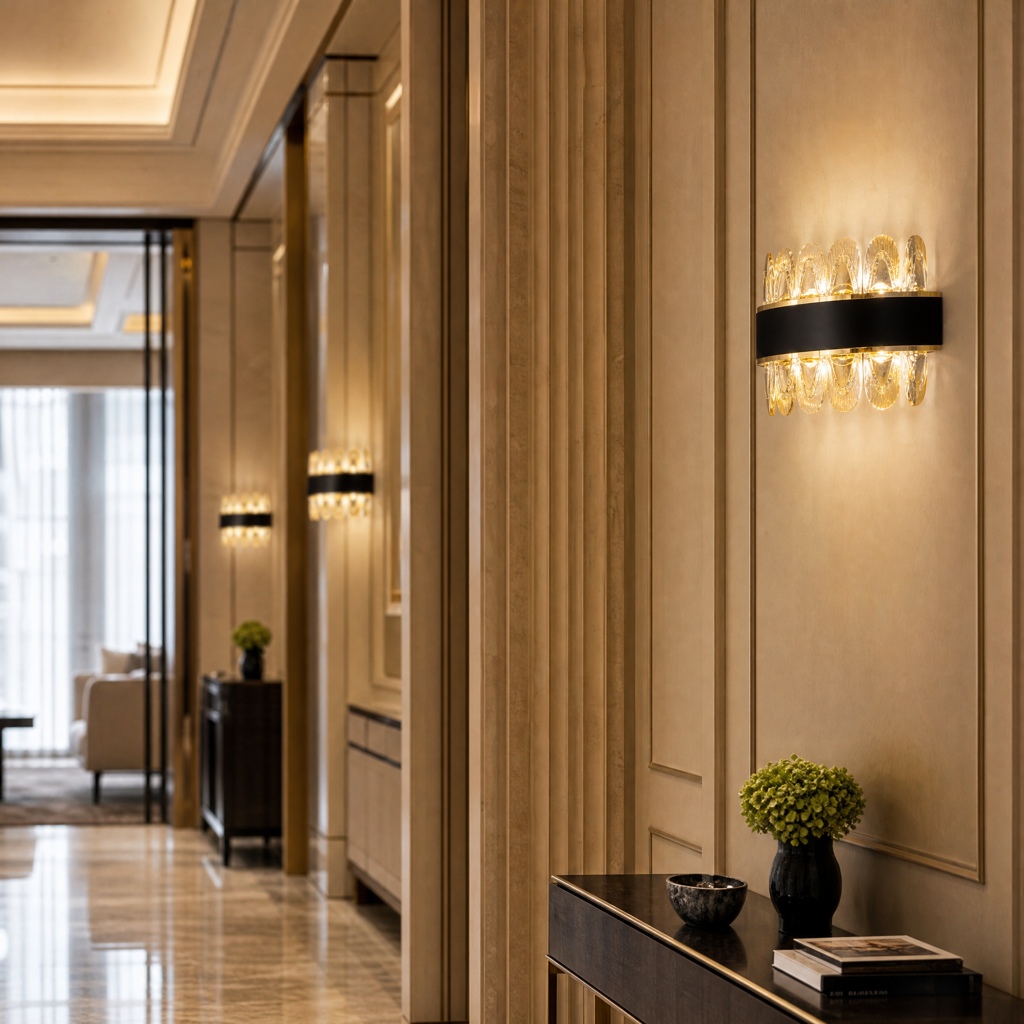 A sophisticated hospitality interior featuring the Monte-Carlo Wall Sconce by VORELLI, creating a high-end atmosphere in a boutique hotel lobby.