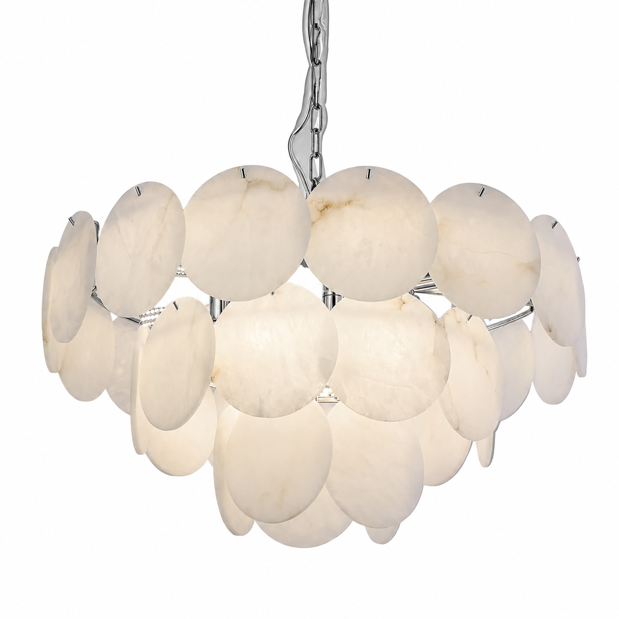 Moody and luxurious interior design featuring the warm, diffused glow of the Alfonso circular marble disc chandelier from VORELLI.