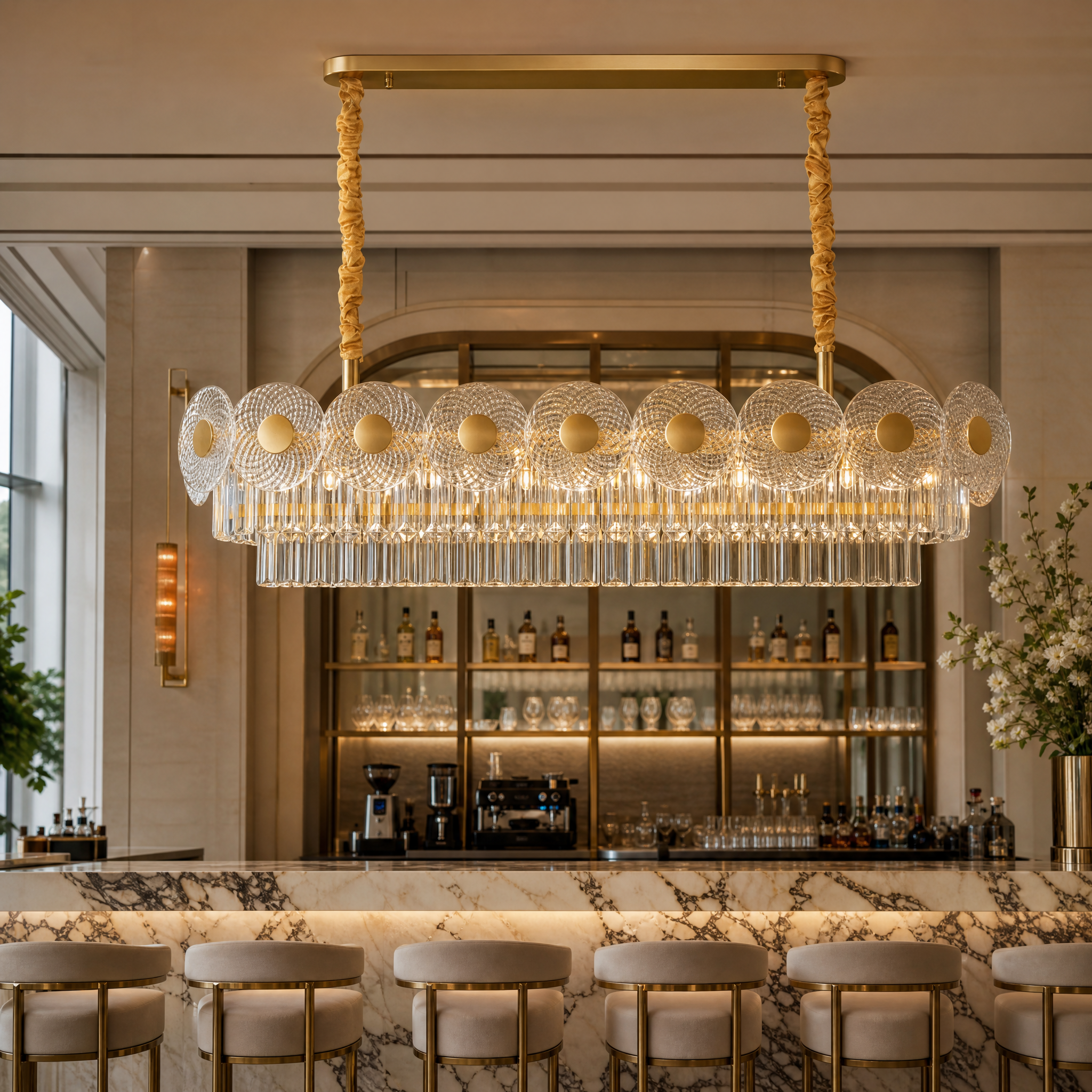 The elegant VORELLI Morandi rectangular crystal chandelier suspended in a high-end hospitality lobby setting, showcasing modern sophistication.