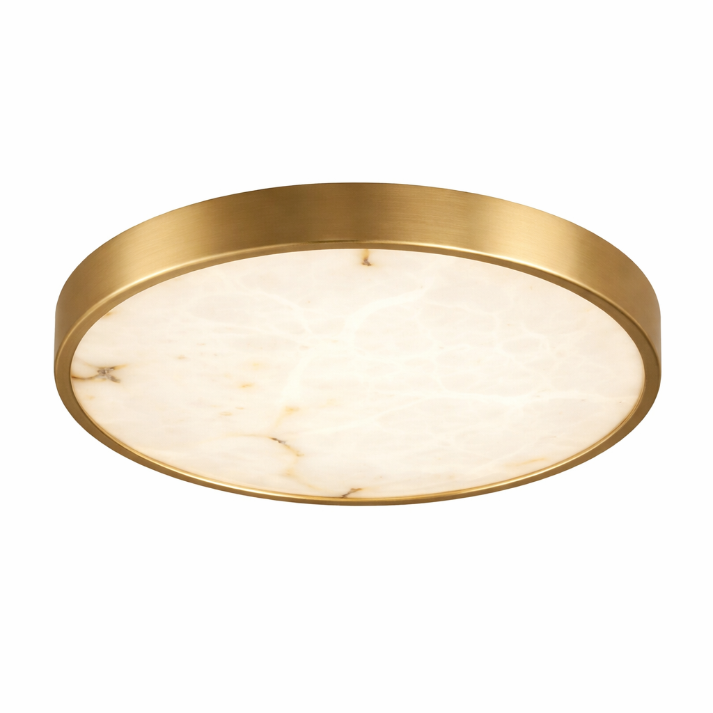 Morenita Marble Circular Ceiling Light mounted on a minimalist white ceiling, showcasing its sleek geometric profile.