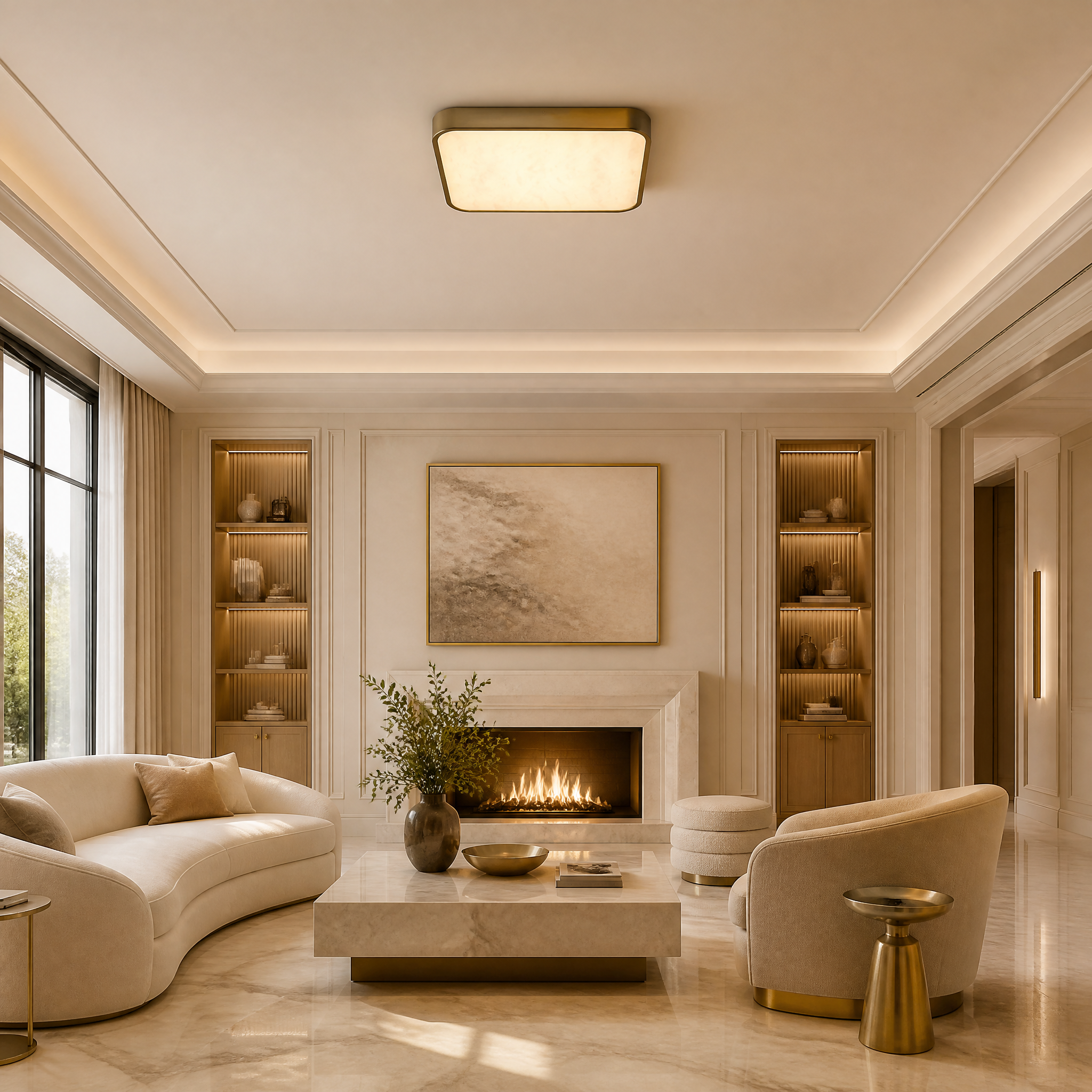 Modern square ceiling light with marble diffuser installed in a contemporary living room