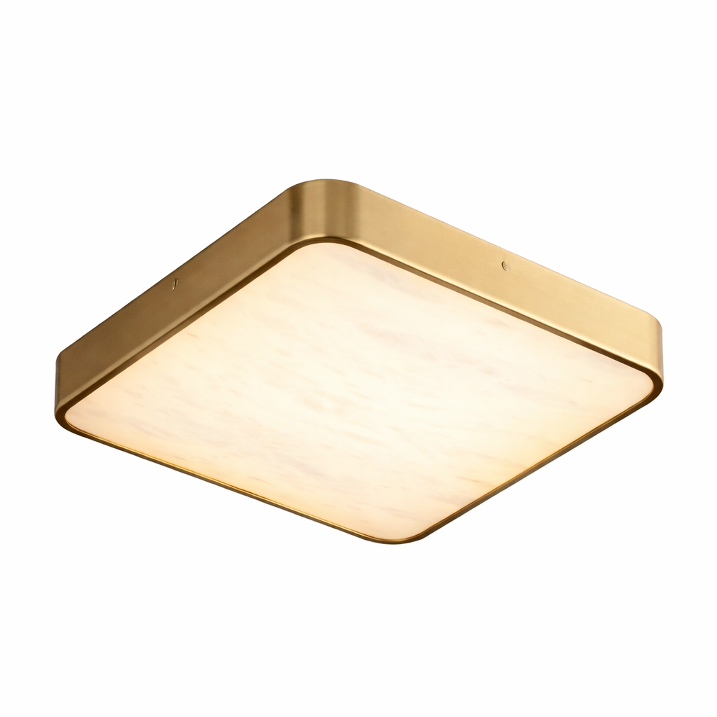 Morenita square ceiling light showing the soft glow through the marble diffuser