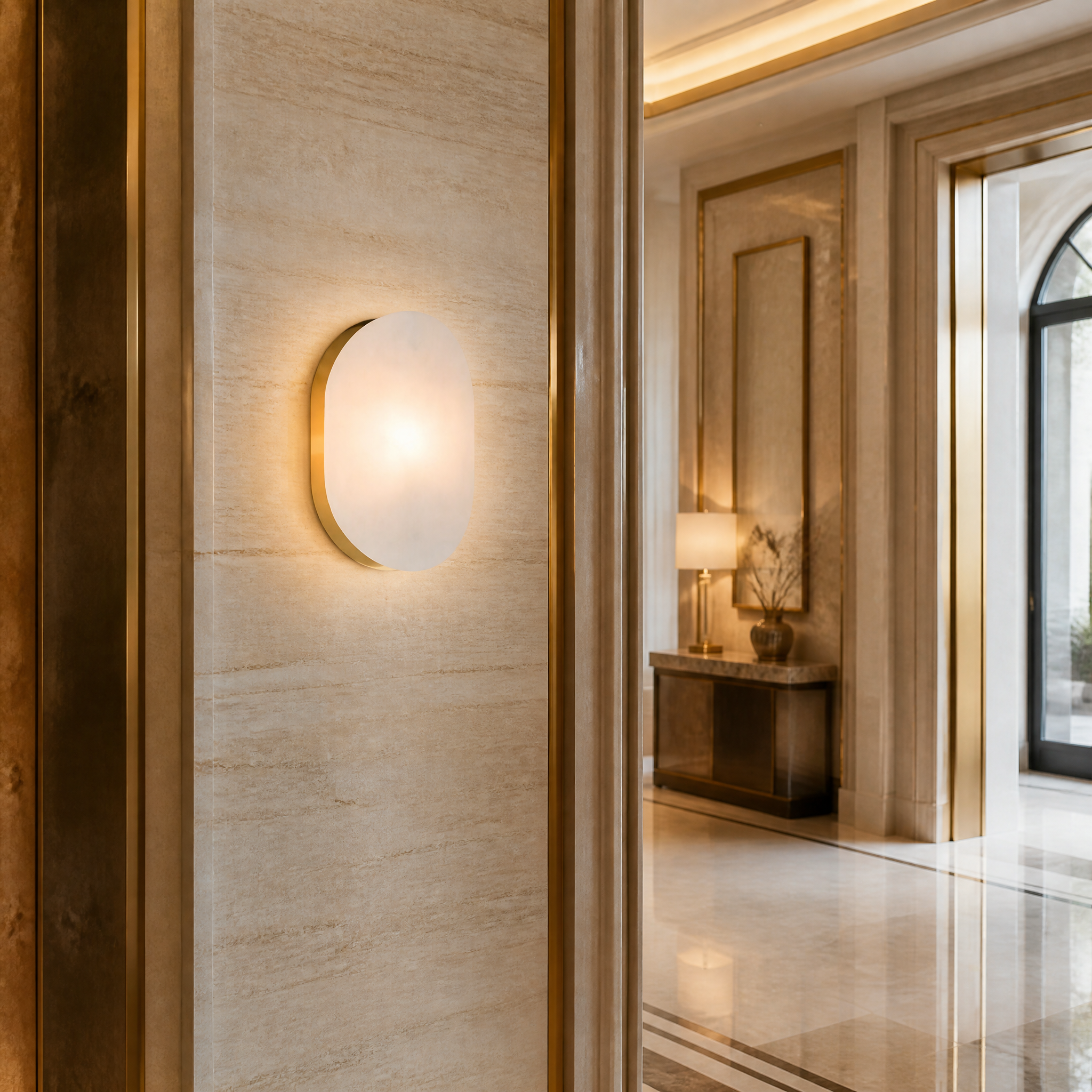 Elegant hospitality setting featuring Mossano modern alabaster wall lights adding sophisticated, layered ambient illumination to a hotel lobby.