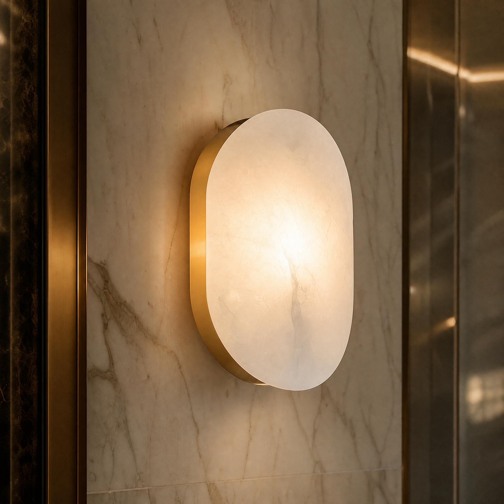 Detailed macro shot of the Mossano Wall Sconce highlighting the natural convex alabaster disc and its discreet brass finish backplate.