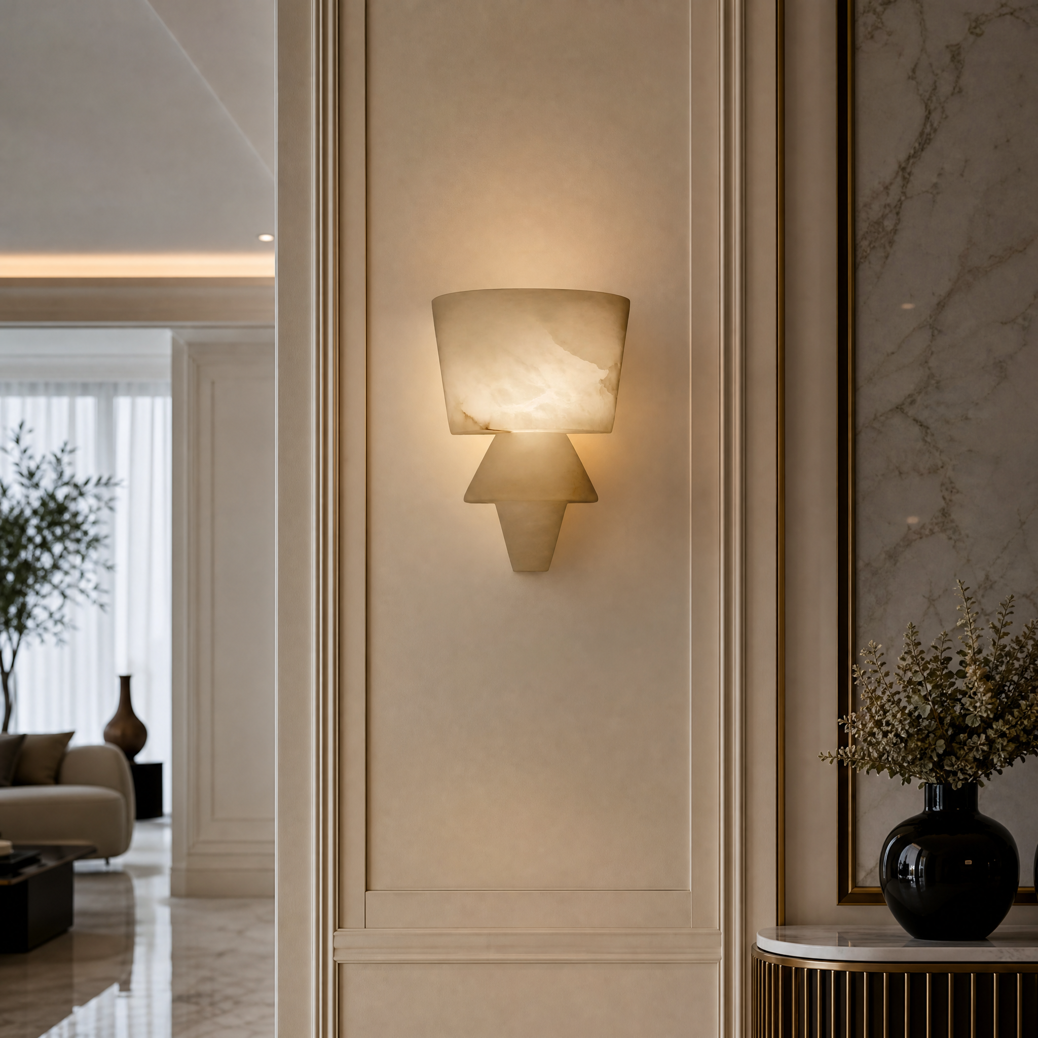 VORELLI Napoli marble wall light illuminating a contemporary luxury residential living room with a warm, sophisticated glow.