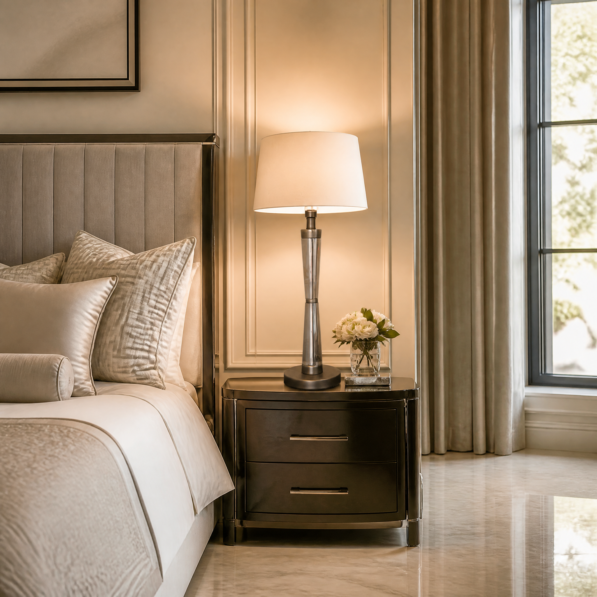 The Nellora contemporary table lamp featuring a matte black nickel base and smoke crystal detailing on a living room side table, casting a soft ambient glow.