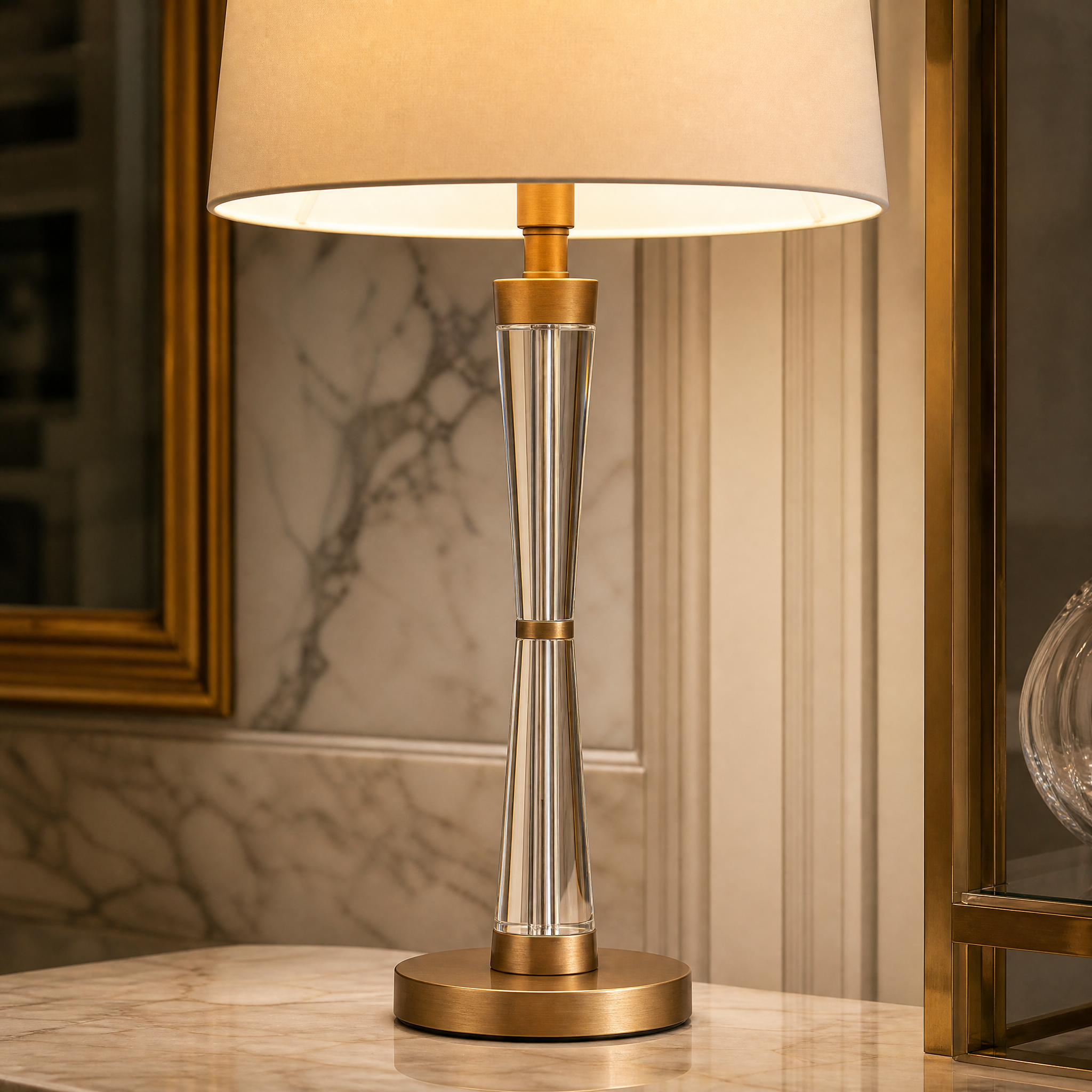 Macro detail shot showcasing the refined crystal detailing and warm antique brass finish of the Nellora lamp