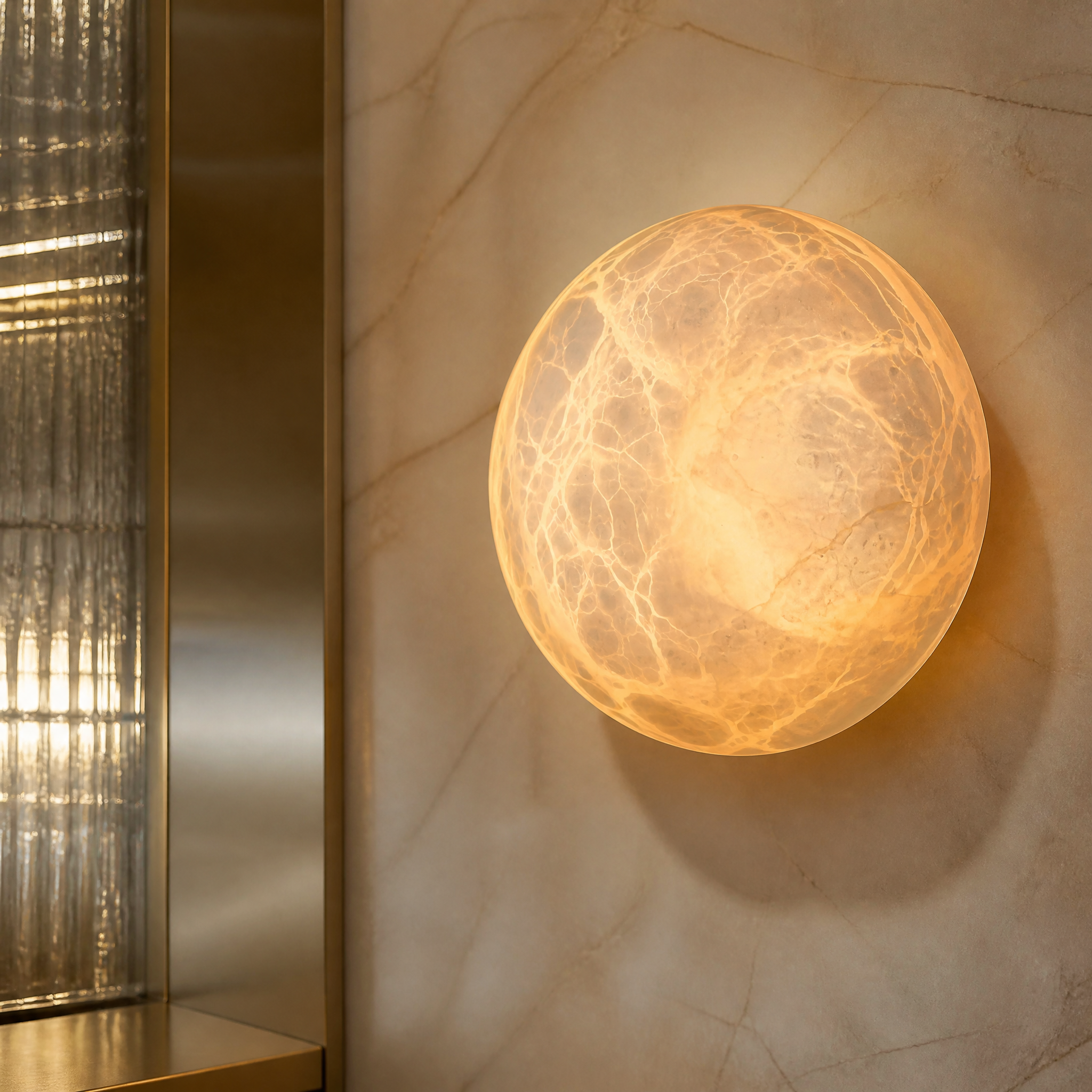 Macro shot of the Nicolino wall light highlighting the unique natural grain variations of the Spanish alabaster dome and brass finish accents.