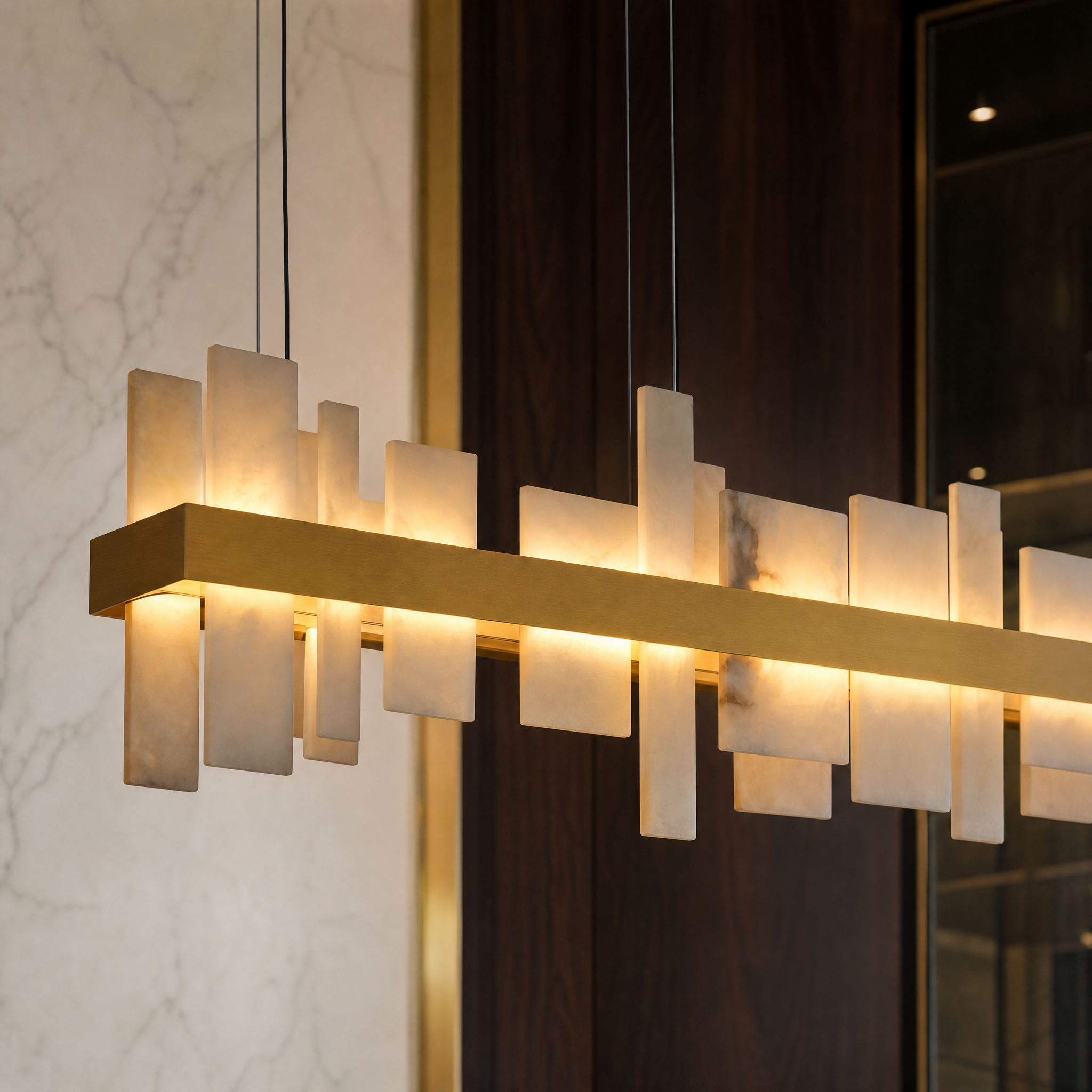 Detailed closeup of the VORELLI Niva rectangular chandelier highlighting the natural marble panels and sleek luxury frame finishes.