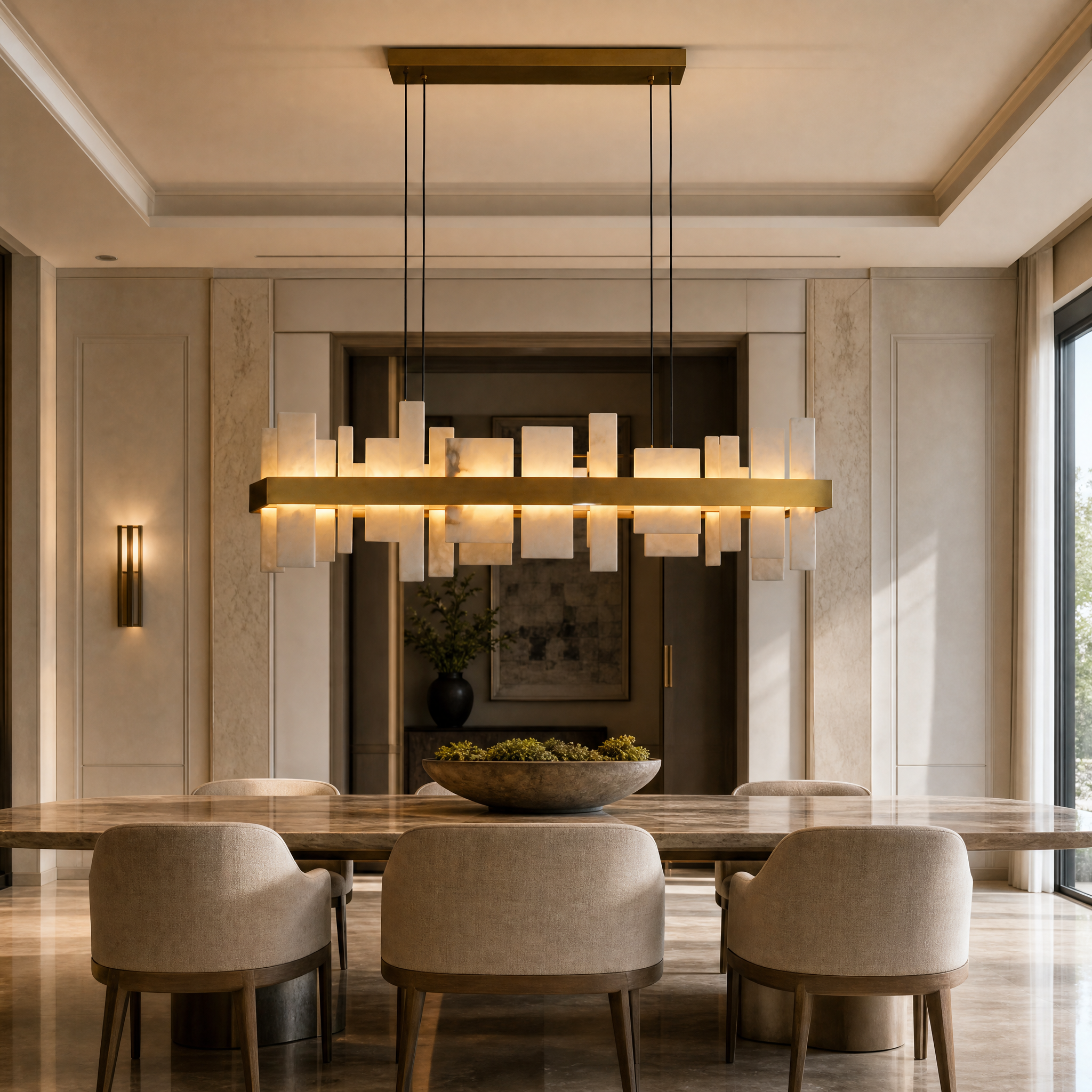 VORELLI Niva marble rectangular chandelier illuminating a modern luxury residential dining room with a warm architectural glow.