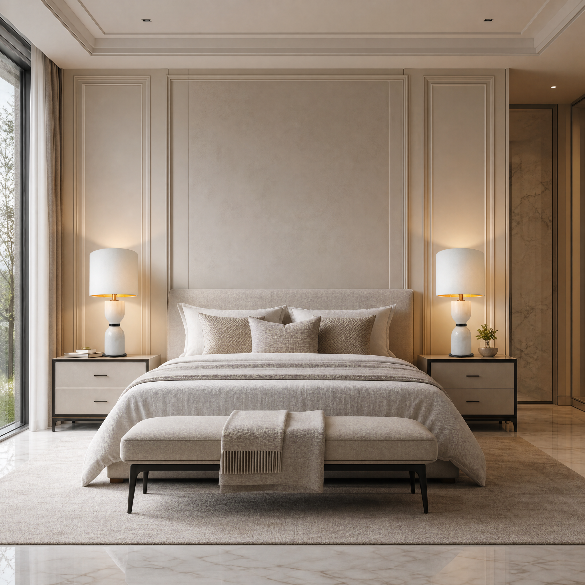 VORELLI Noiré white marble and bronze table lamp styled on a contemporary bedroom nightstand, casting a warm, balanced glow.