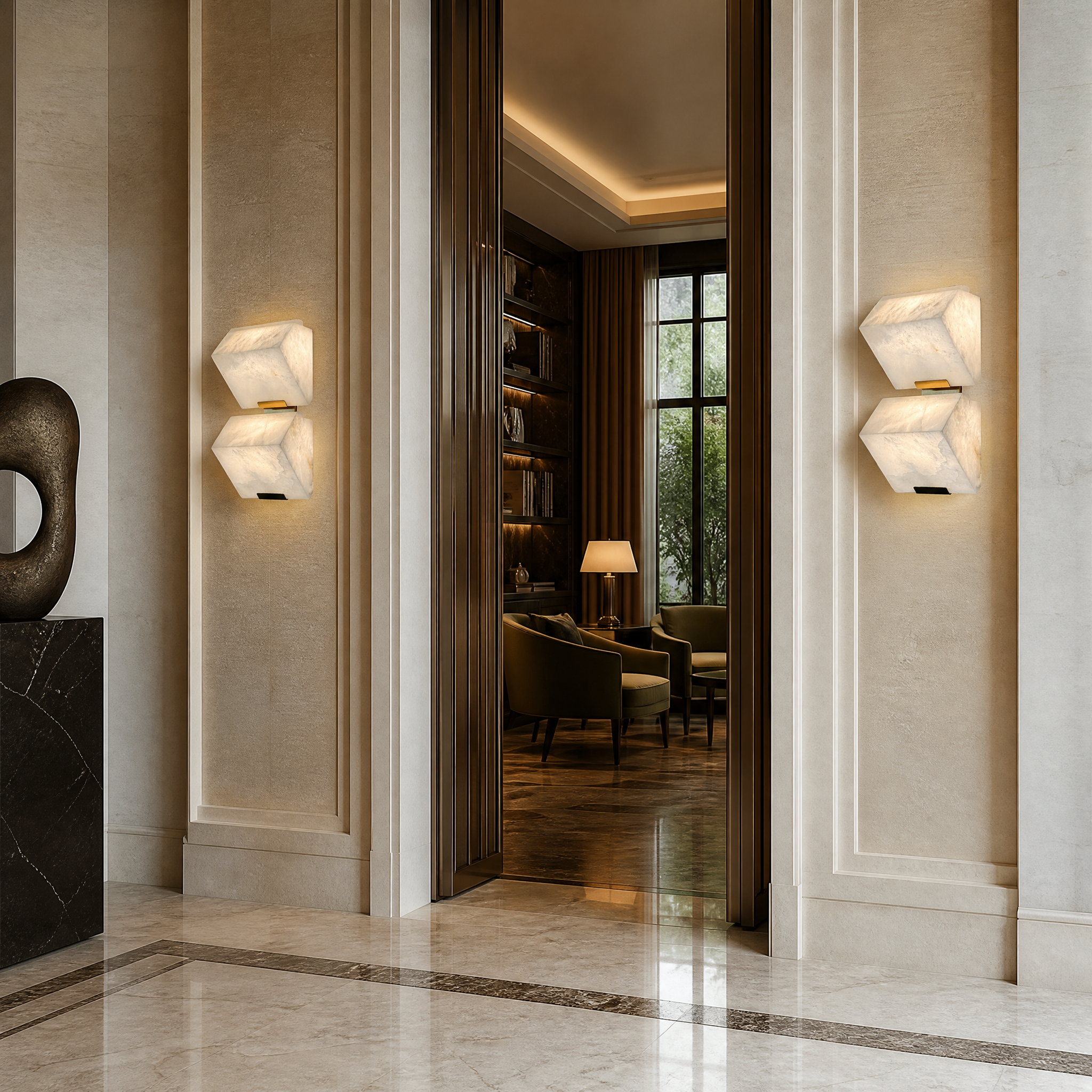 Contemporary hospitality lobby illuminated by a series of VORELLI Novara architectural marble wall sconces creating a calm, high-end ambiance.