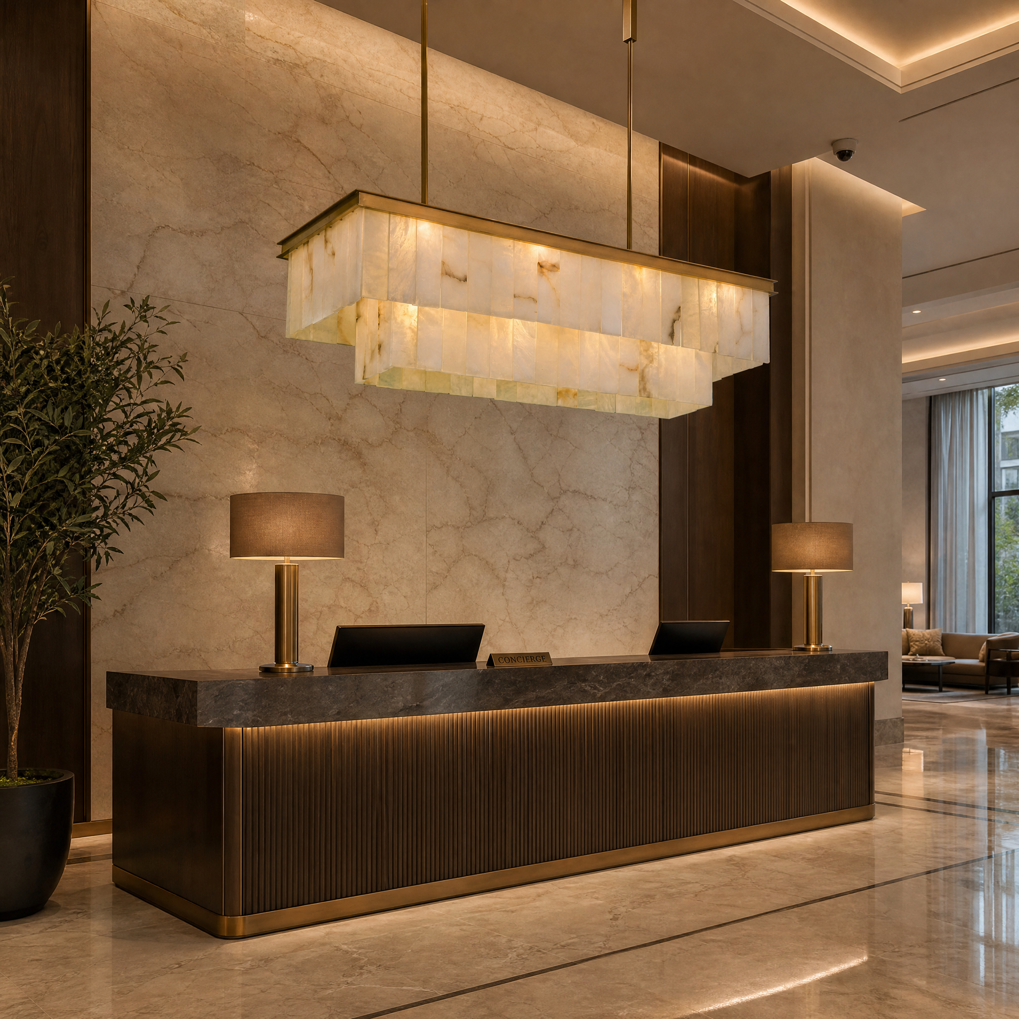 A grand hospitality setting featuring the VORELLI Novella Marble Rectangular Chandelier, showcasing its timeless luxury and clean geometric form in a hotel lobby.