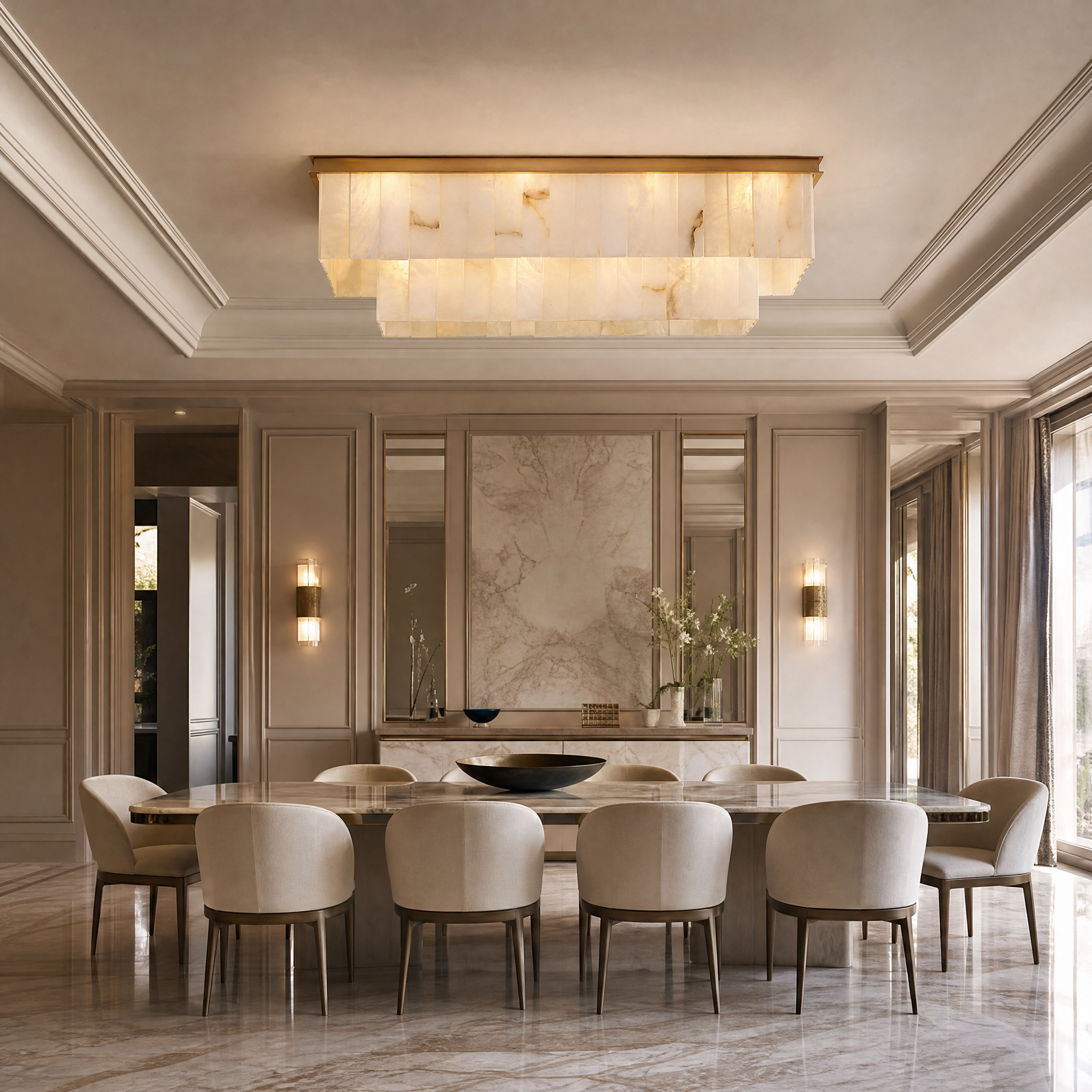 The VORELLI Novella Marble Rectangular Chandelier illuminates a luxury residential dining room, casting a warm and gentle glow over a contemporary table setting.
