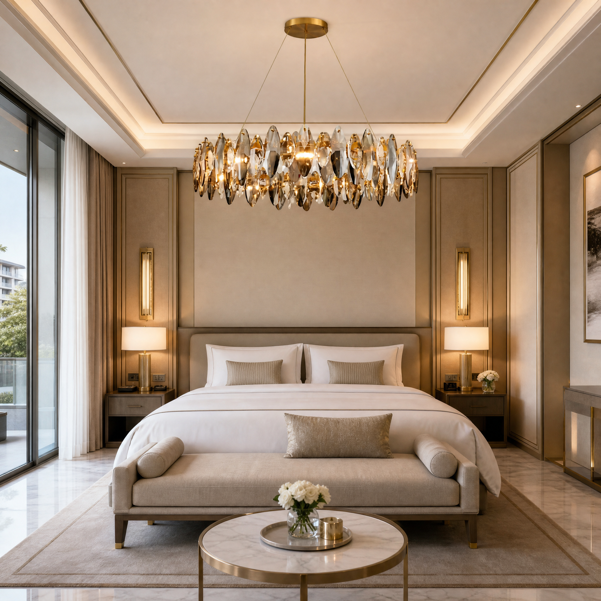 Sophisticated Oakhill circular chandelier featuring clear and smoky crystals in a high-end commercial hospitality foyer.
